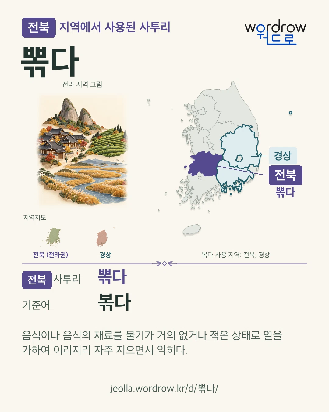 전북 지역에서 사용된 사투리 ‘뽂다’. 기준어: 볶다. 기록 지역을 표시한 지역 그림과 지도 카드.