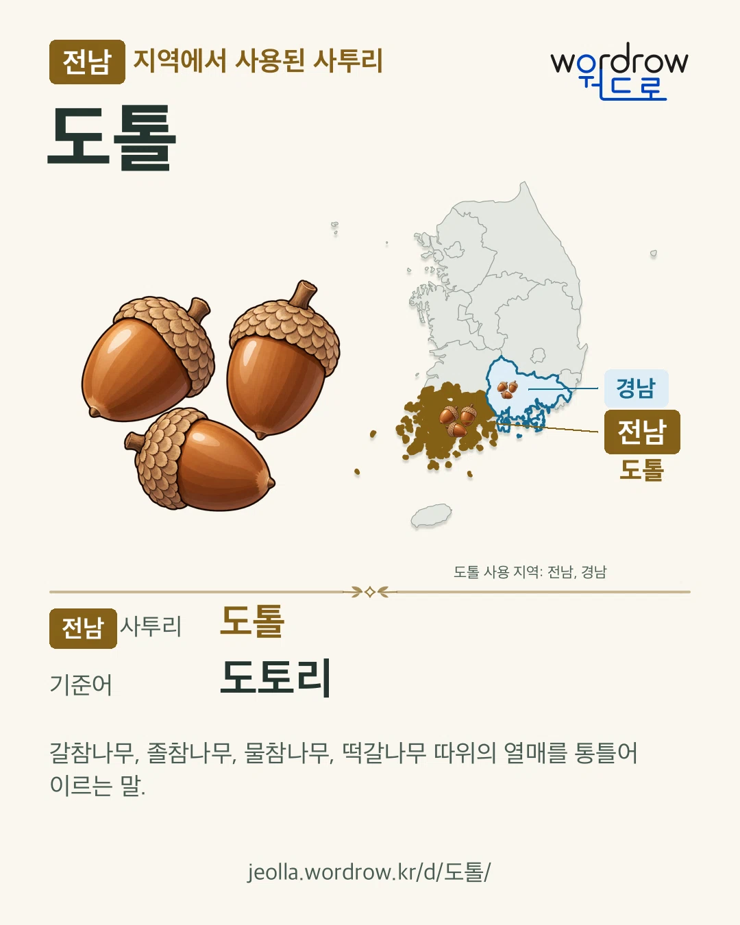 전남 지역에서 사용된 사투리 ‘도톨’. 기준어: 도토리. 기록 지역을 표시한 카툰 삽화와 지도 카드.