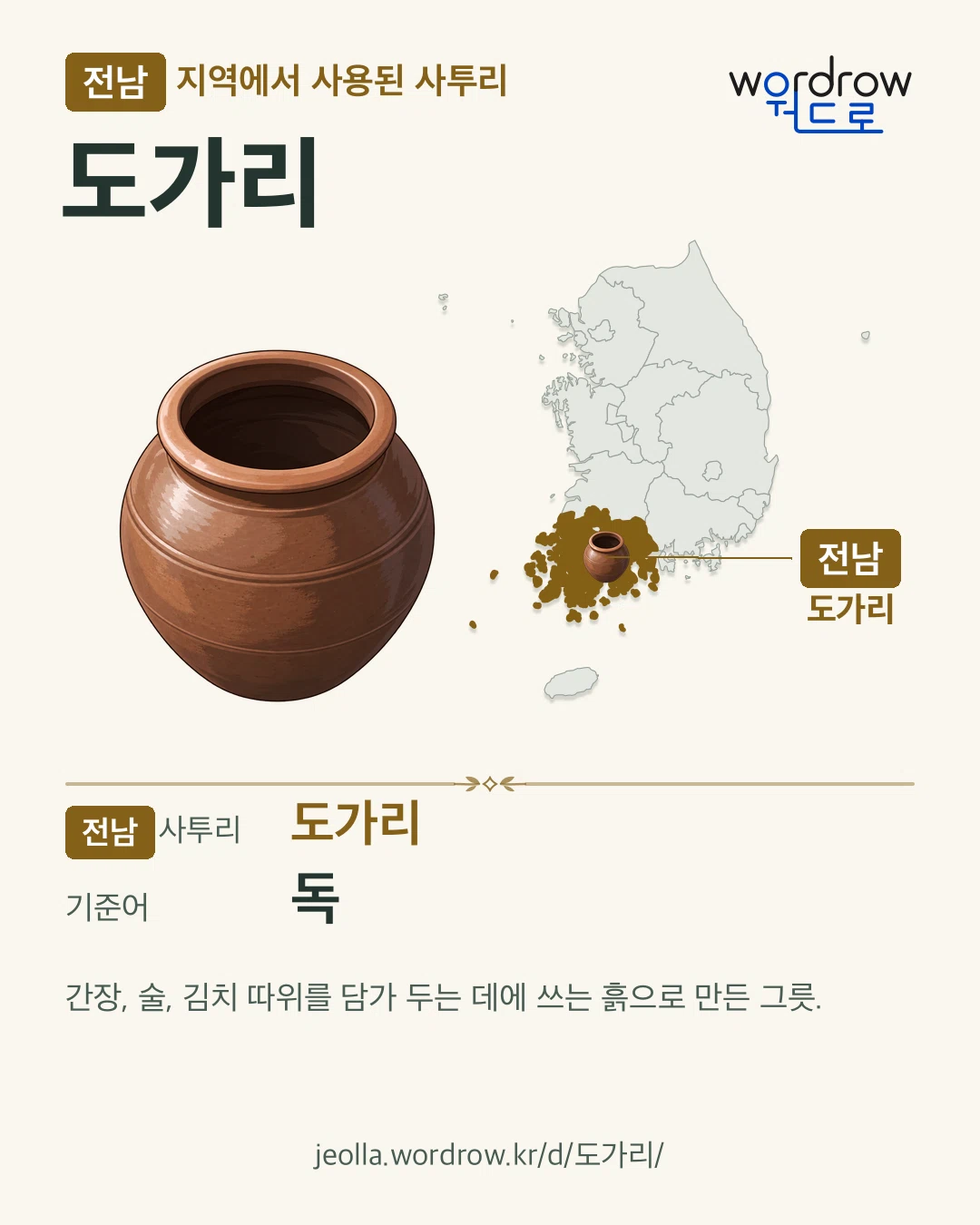전남 지역에서 사용된 사투리 ‘도가리’. 기준어: 독. 기록 지역을 표시한 카툰 삽화와 지도 카드.