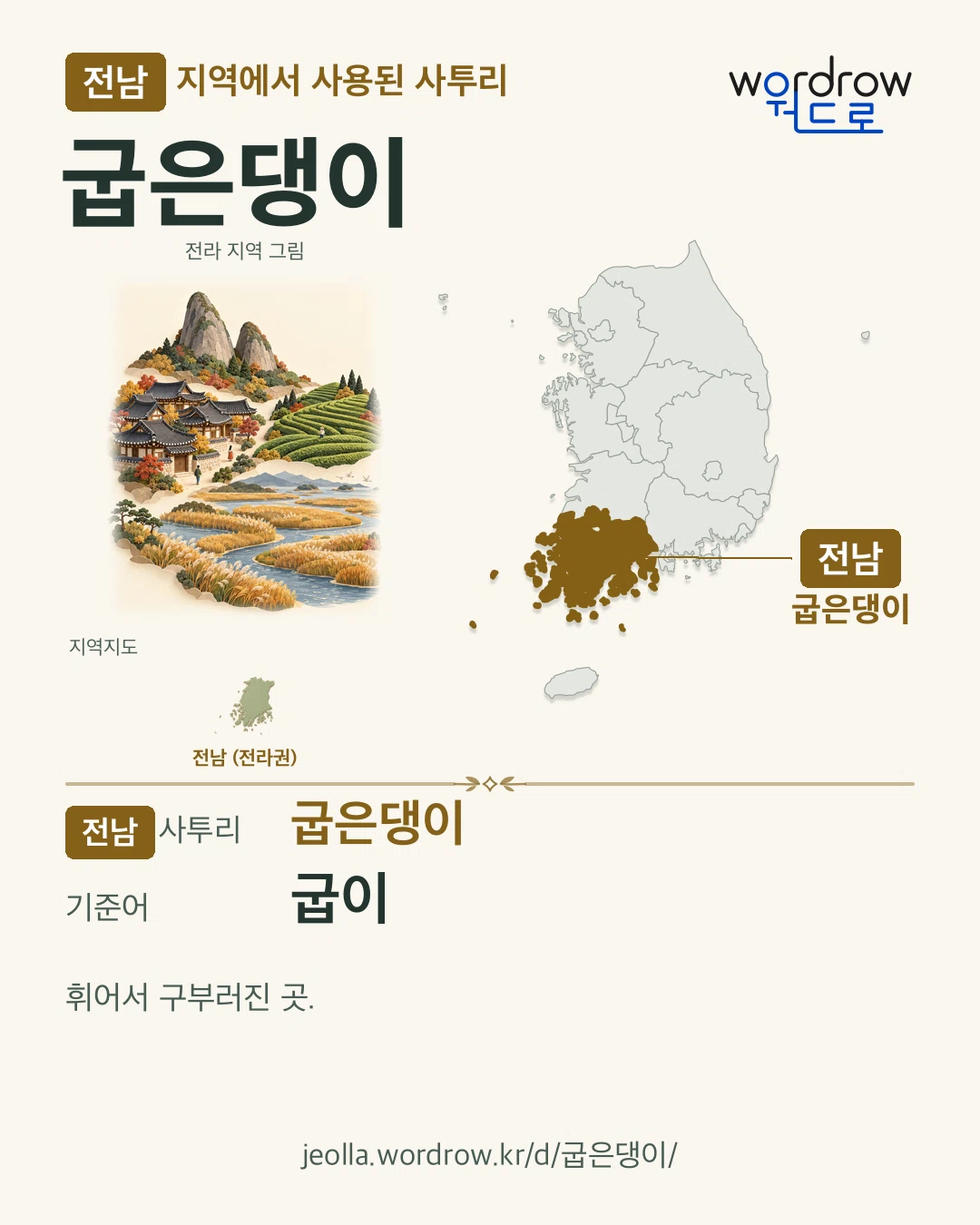 전남 지역에서 사용된 사투리 ‘굽은댕이’. 기준어: 굽이. 기록 지역을 표시한 지역 그림과 지도 카드.