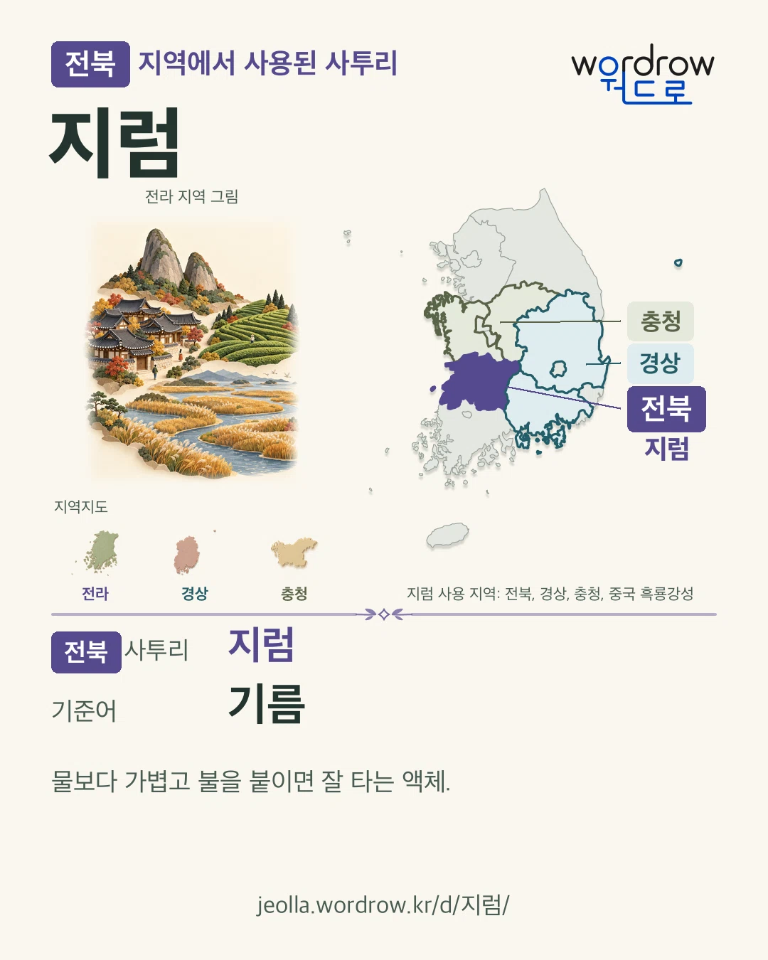 전북 지역에서 사용된 사투리 ‘지럼’. 기준어: 기름. 기록 지역을 표시한 지역 그림과 지도 카드.