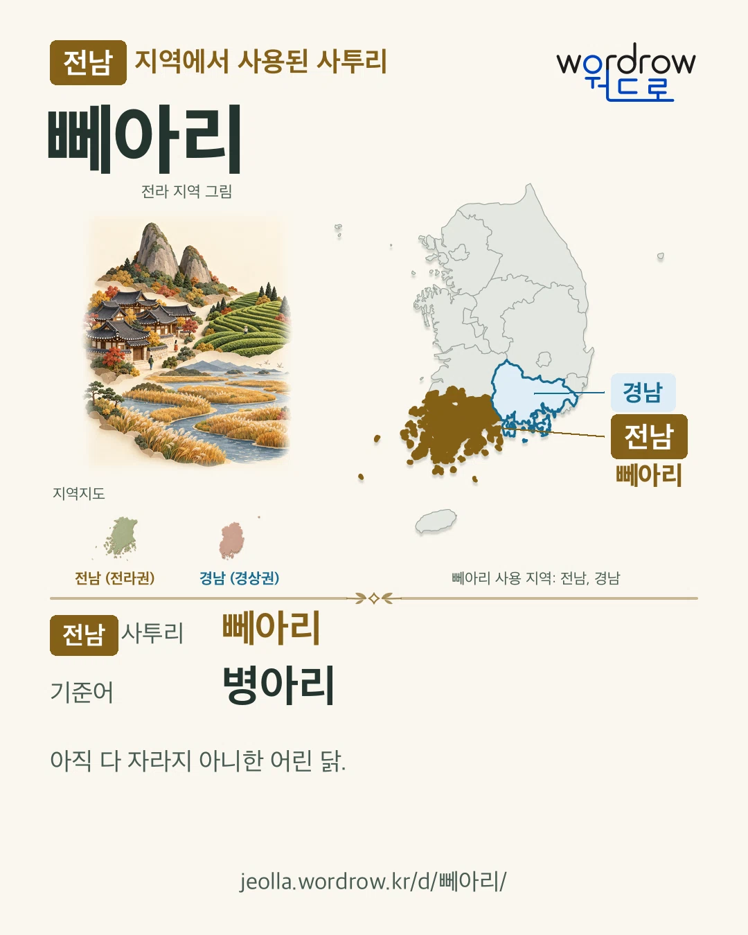 전남 지역에서 사용된 사투리 ‘뻬아리’. 기준어: 병아리. 기록 지역을 표시한 지역 그림과 지도 카드.