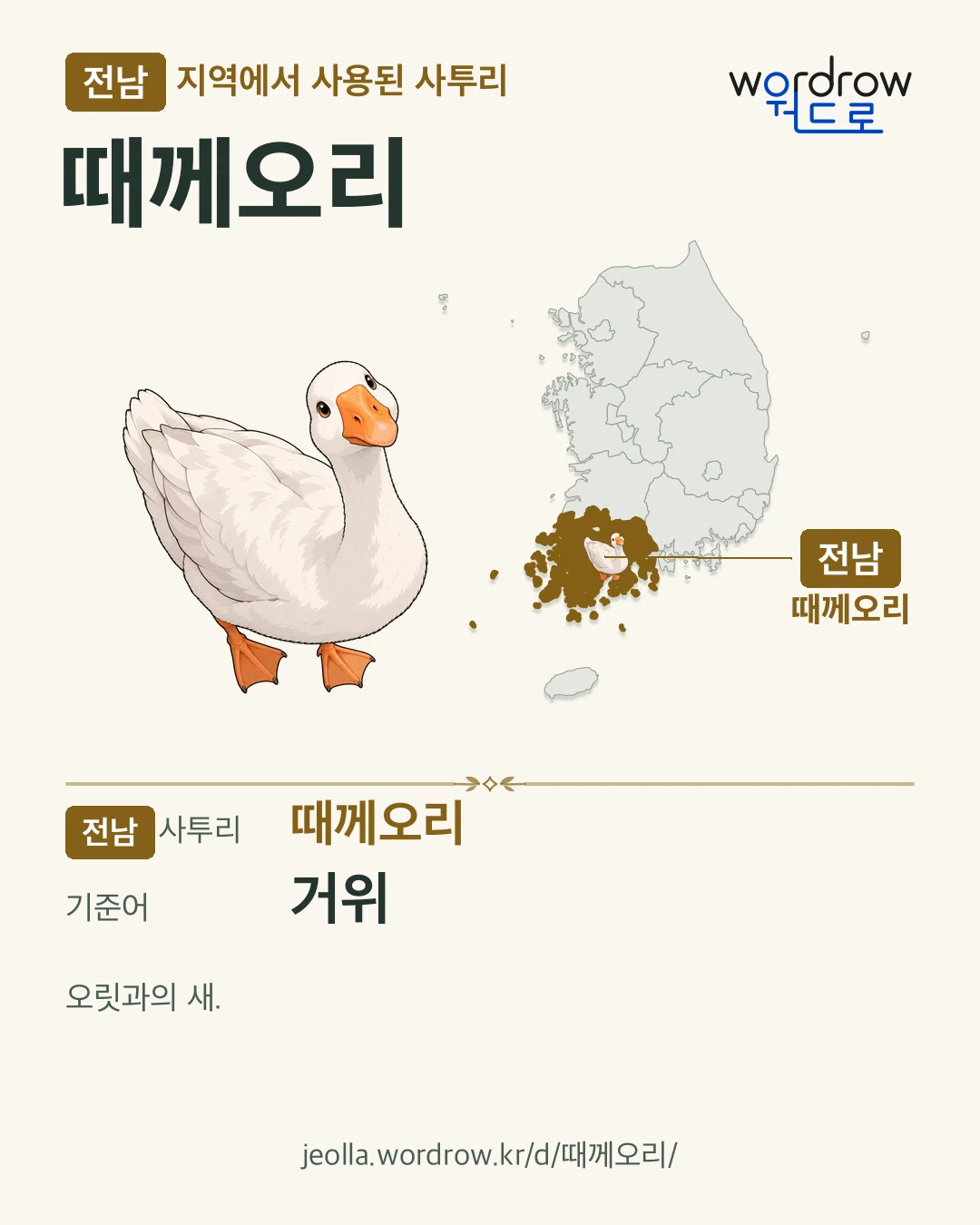 전남 지역에서 사용된 사투리 ‘때께오리’. 기준어: 거위. 기록 지역을 표시한 카툰 삽화와 지도 카드.