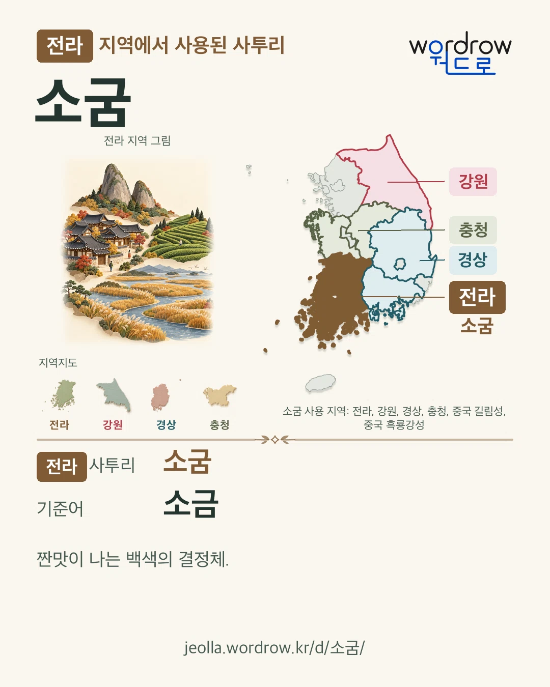 전라 지역에서 사용된 사투리 ‘소굼’. 기준어: 소금. 기록 지역을 표시한 지역 그림과 지도 카드.