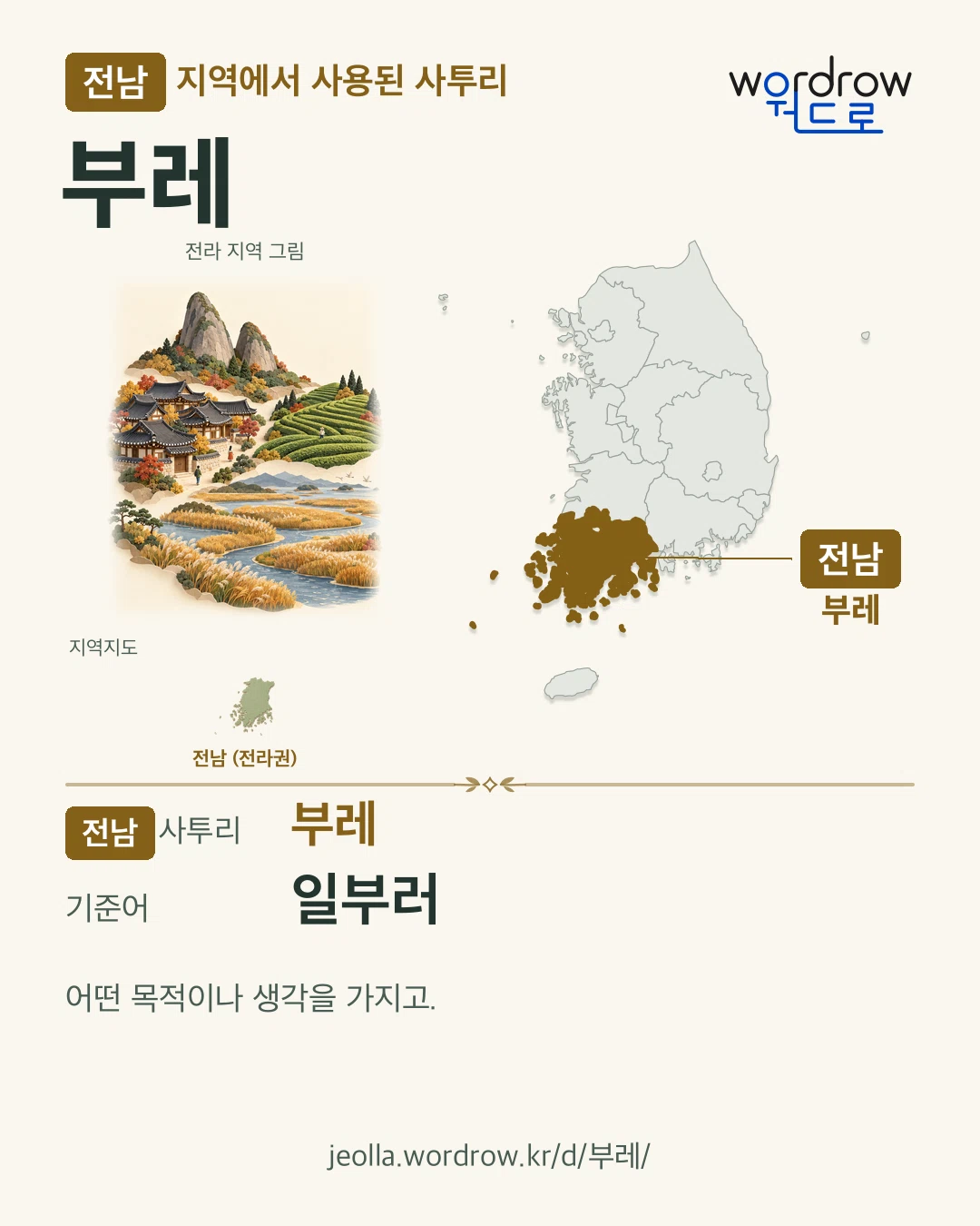 전남 지역에서 사용된 사투리 ‘부레’. 기준어: 일부러. 기록 지역을 표시한 지역 그림과 지도 카드.