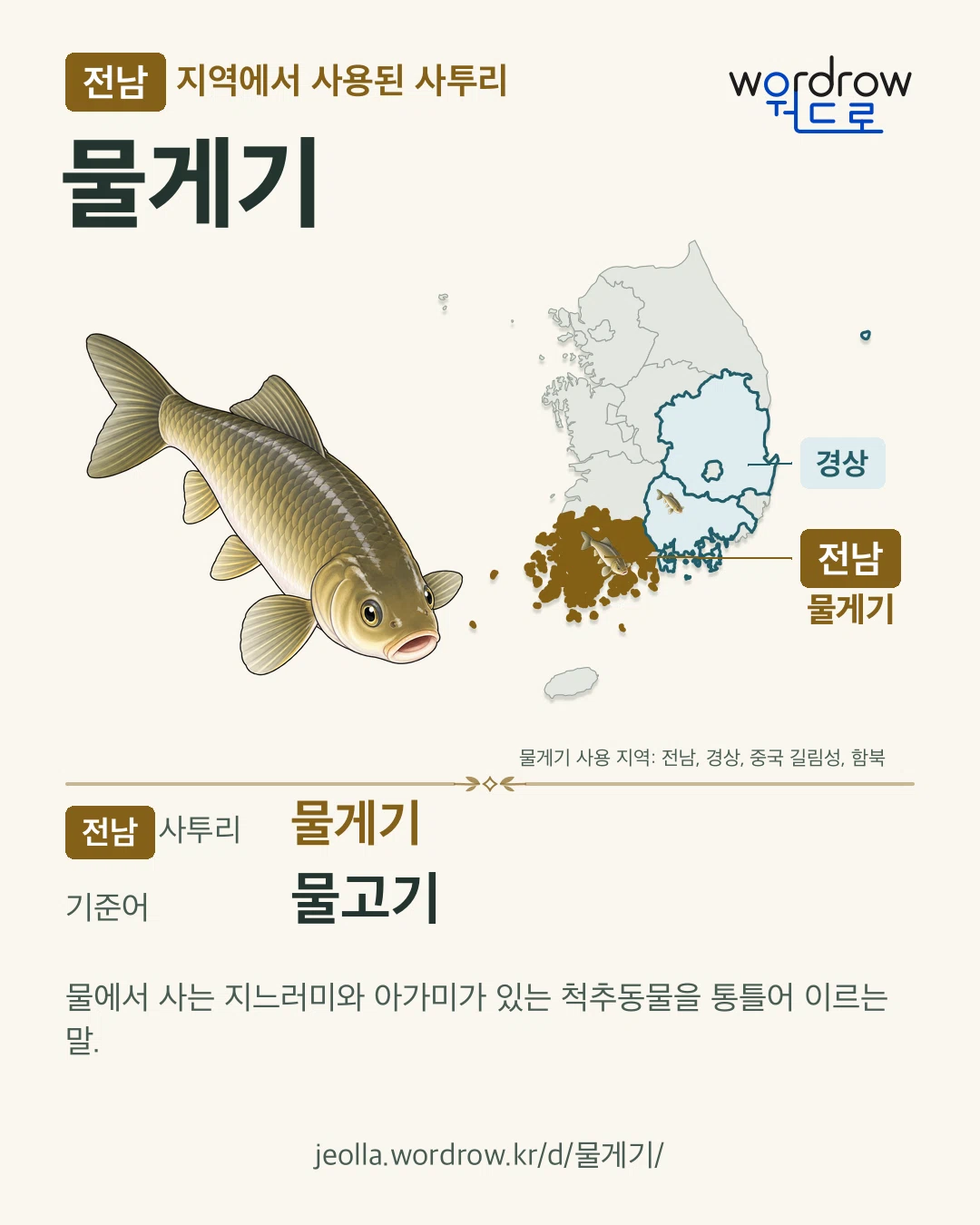 전남 지역에서 사용된 사투리 ‘물게기’. 기준어: 물고기. 기록 지역을 표시한 카툰 삽화와 지도 카드.