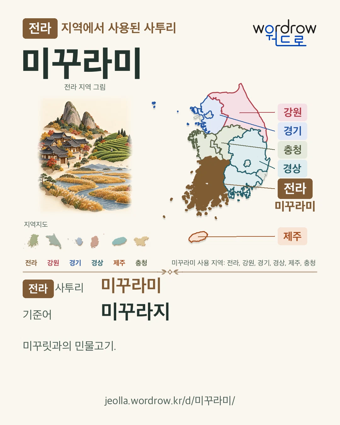 전라 지역에서 사용된 사투리 ‘미꾸라미’. 기준어: 미꾸라지. 기록 지역을 표시한 지역 그림과 지도 카드.