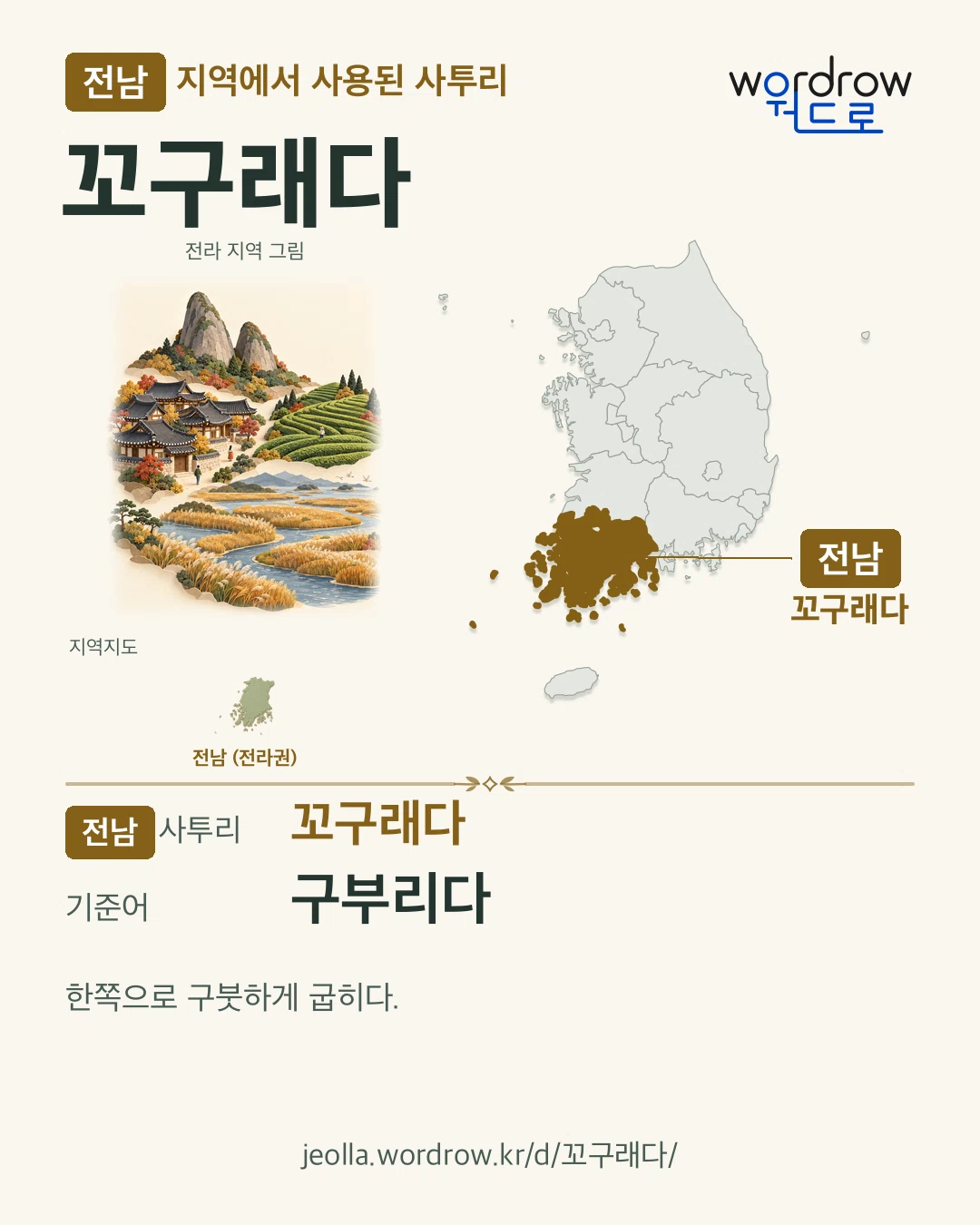 전남 지역에서 사용된 사투리 ‘꼬구래다’. 기준어: 구부리다. 기록 지역을 표시한 지역 그림과 지도 카드.