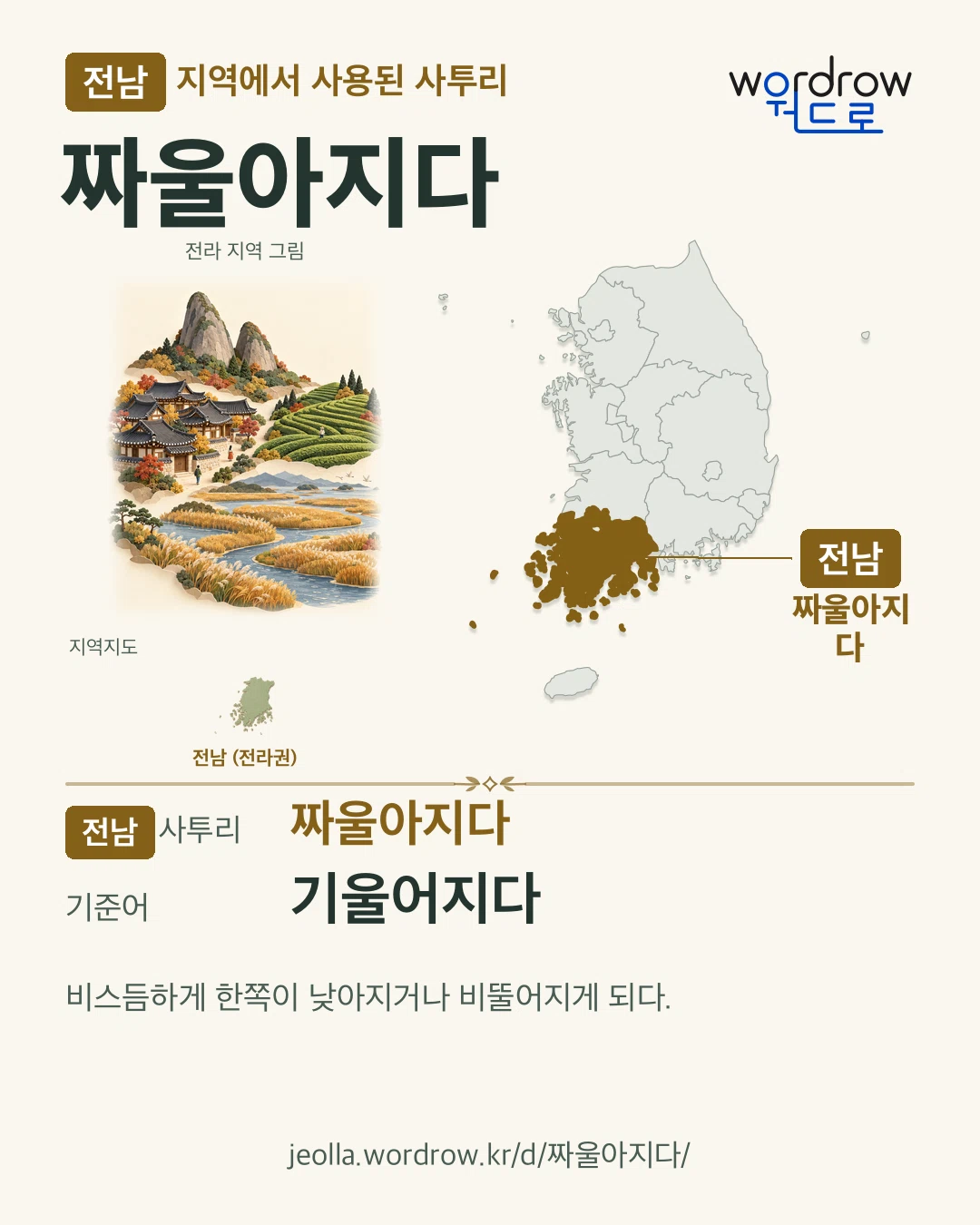전남 지역에서 사용된 사투리 ‘짜울아지다’. 기준어: 기울어지다. 기록 지역을 표시한 지역 그림과 지도 카드.