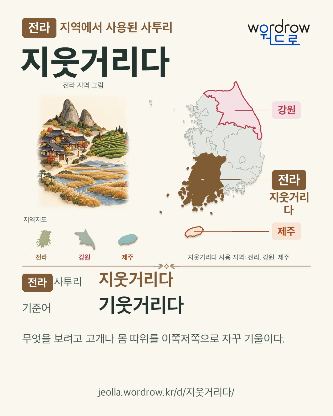 전라 지역에서 사용된 사투리 ‘지웃거리다’. 기준어: 기웃거리다. 기록 지역을 표시한 지역 그림과 지도 카드.