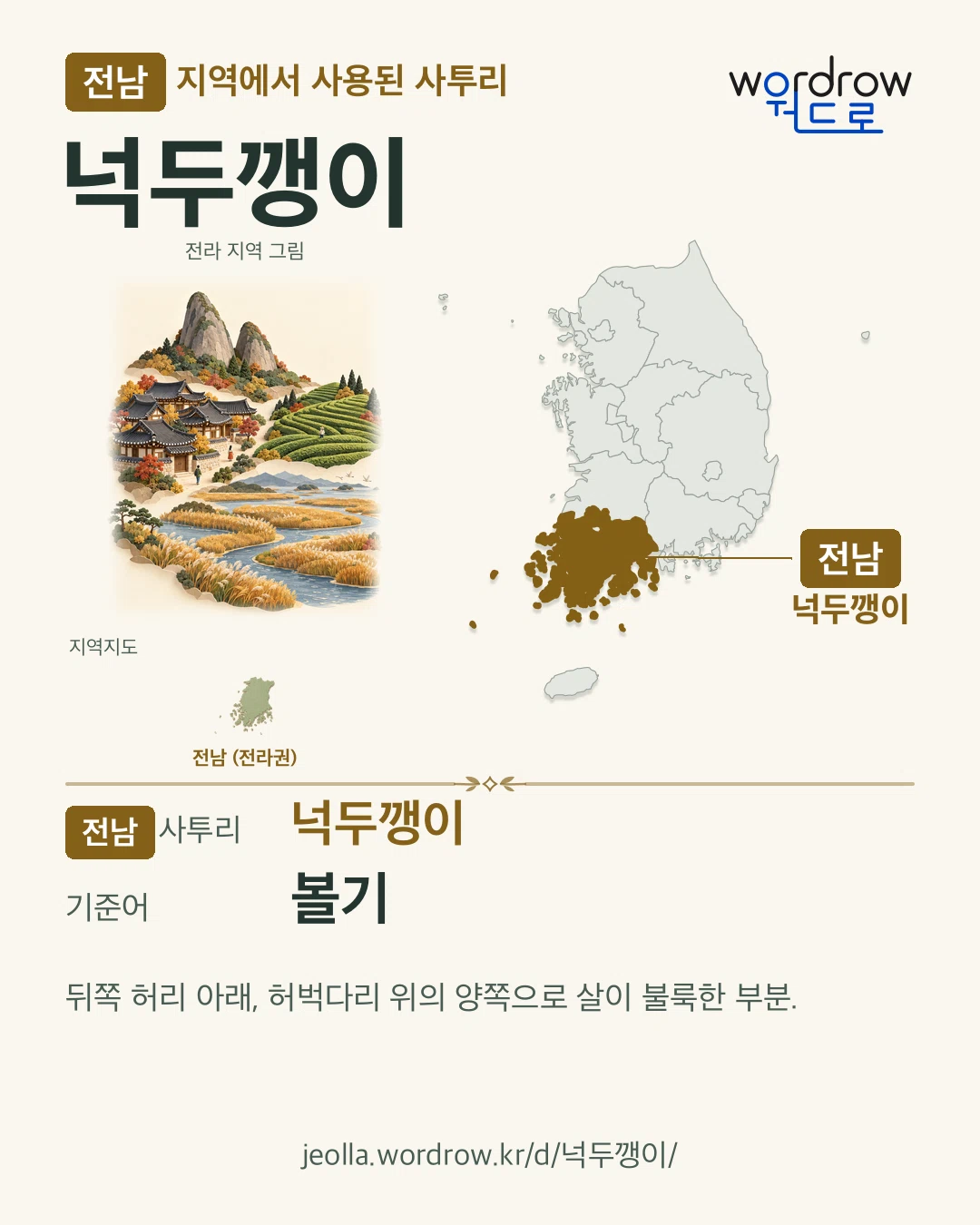 전남 지역에서 사용된 사투리 ‘넉두깽이’. 기준어: 볼기. 기록 지역을 표시한 지역 그림과 지도 카드.