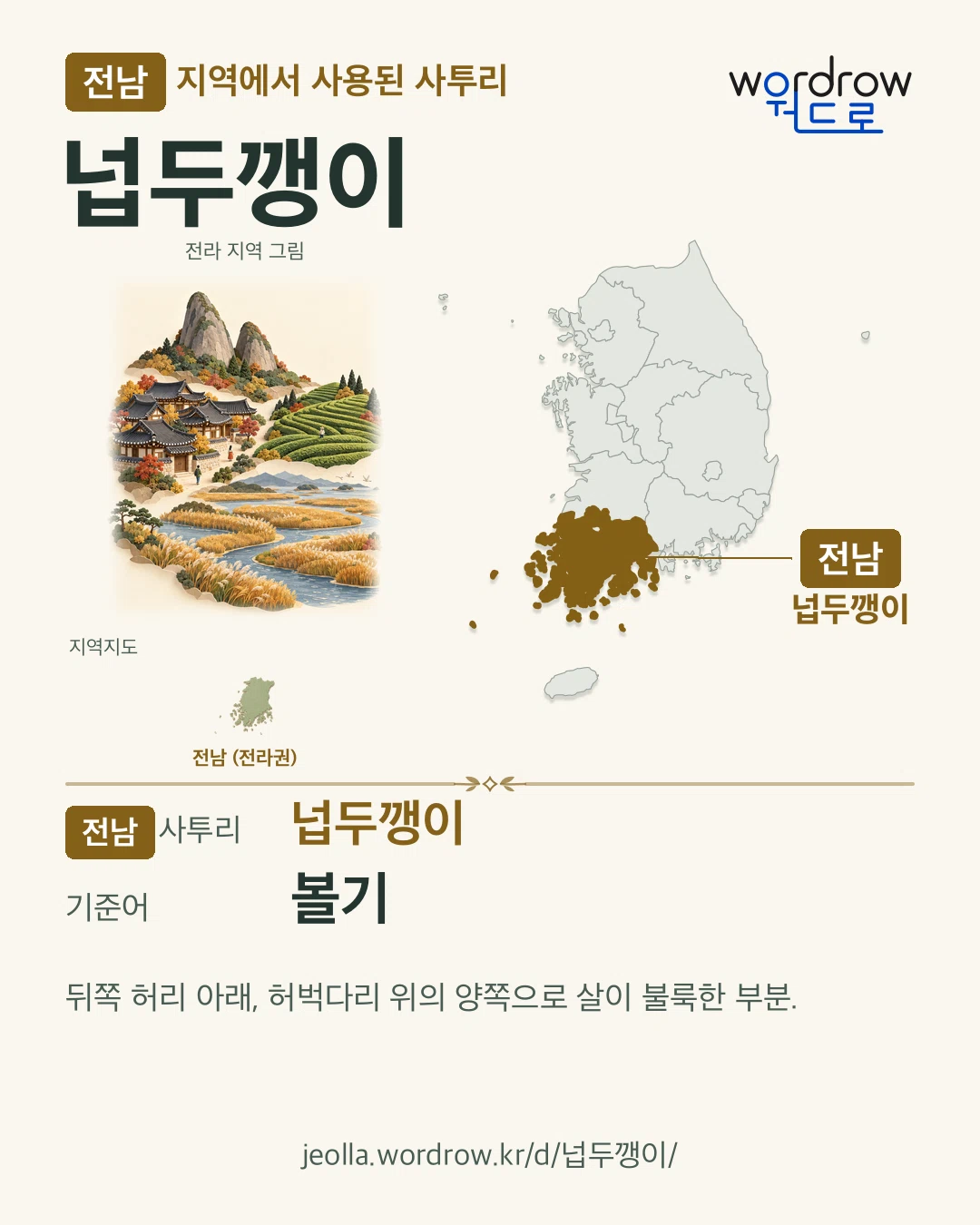 전남 지역에서 사용된 사투리 ‘넙두깽이’. 기준어: 볼기. 기록 지역을 표시한 지역 그림과 지도 카드.