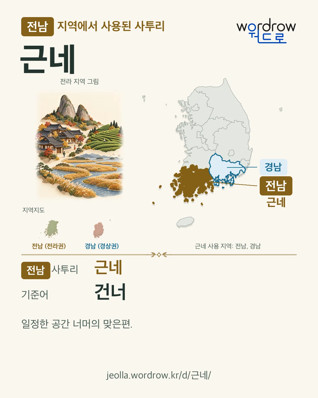전남 지역에서 사용된 사투리 ‘근네’. 기준어: 건너. 기록 지역을 표시한 지역 그림과 지도 카드.