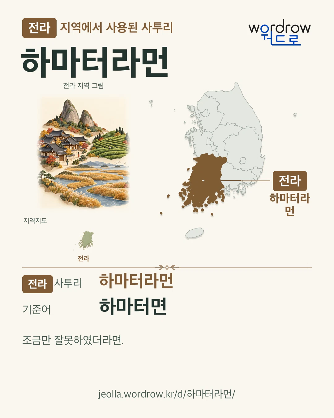 전라 지역에서 사용된 사투리 ‘하마터라먼’. 기준어: 하마터면. 기록 지역을 표시한 지역 그림과 지도 카드.
