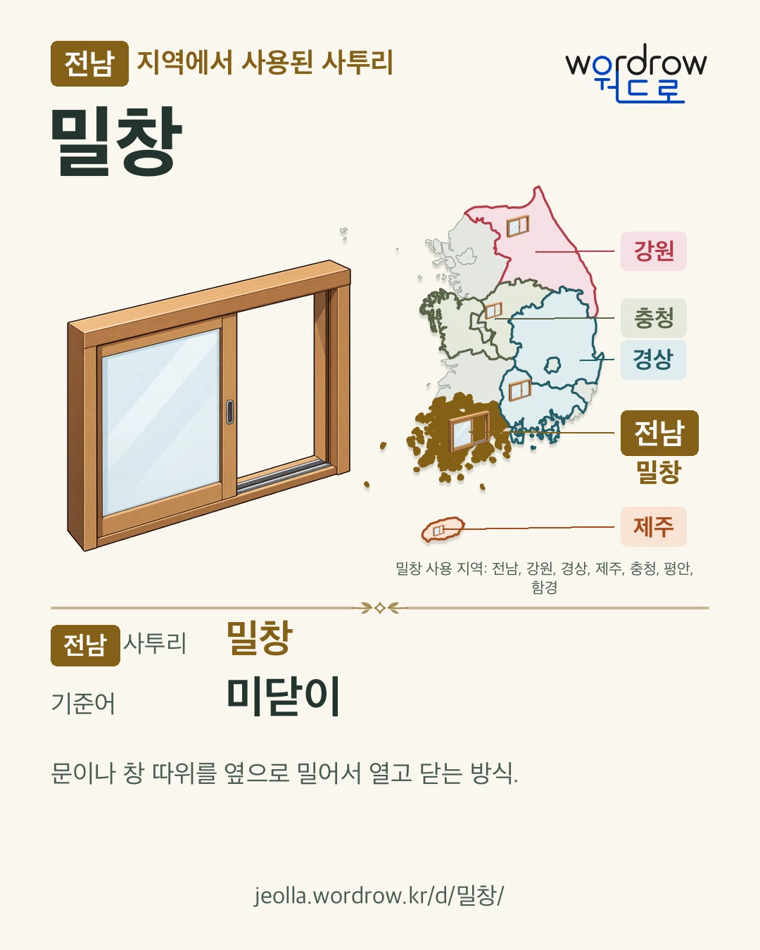 전남 지역에서 사용된 사투리 ‘밀창’. 기준어: 미닫이. 기록 지역을 표시한 카툰 삽화와 지도 카드.