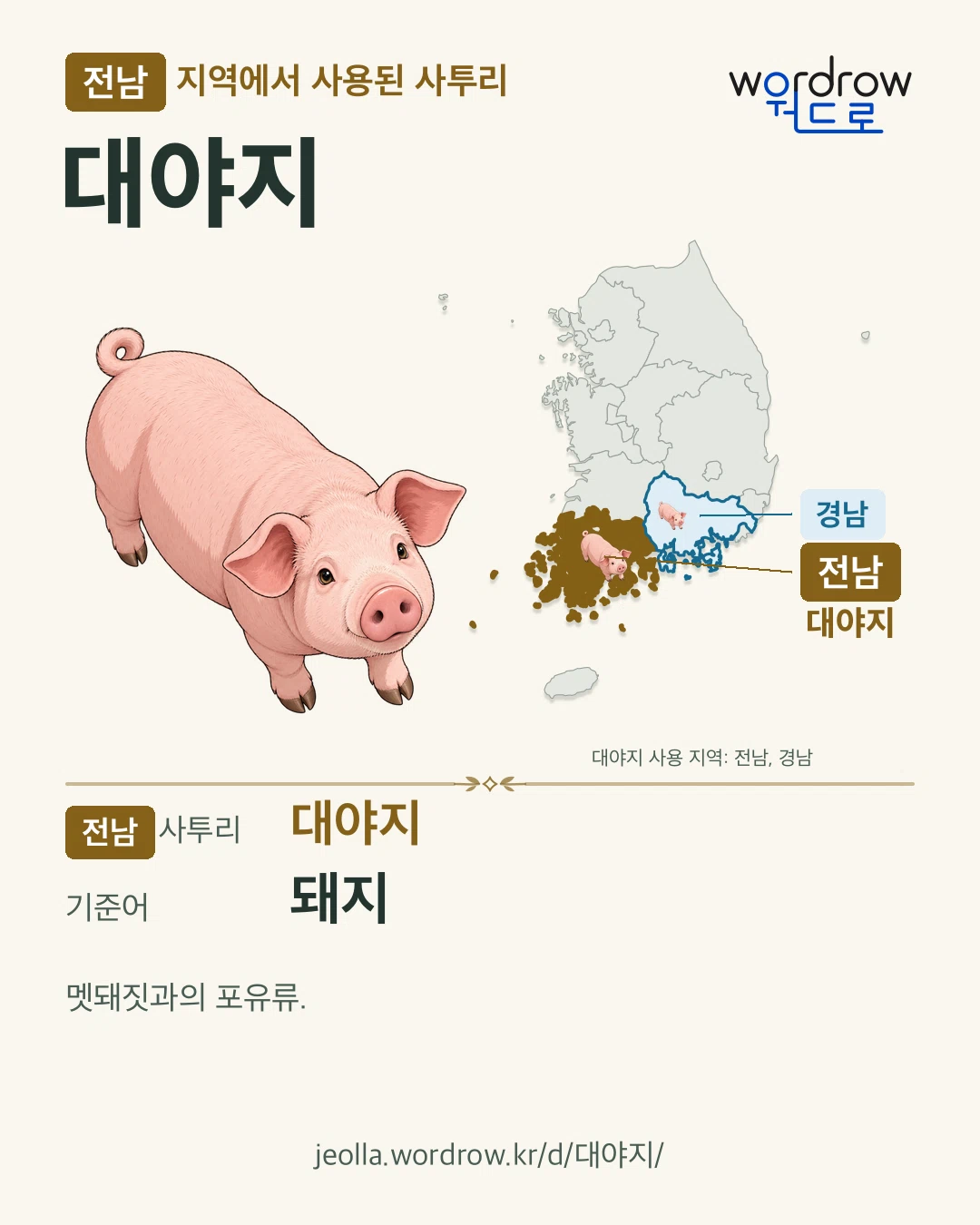 전남 지역에서 사용된 사투리 ‘대야지’. 기준어: 돼지. 기록 지역을 표시한 카툰 삽화와 지도 카드.