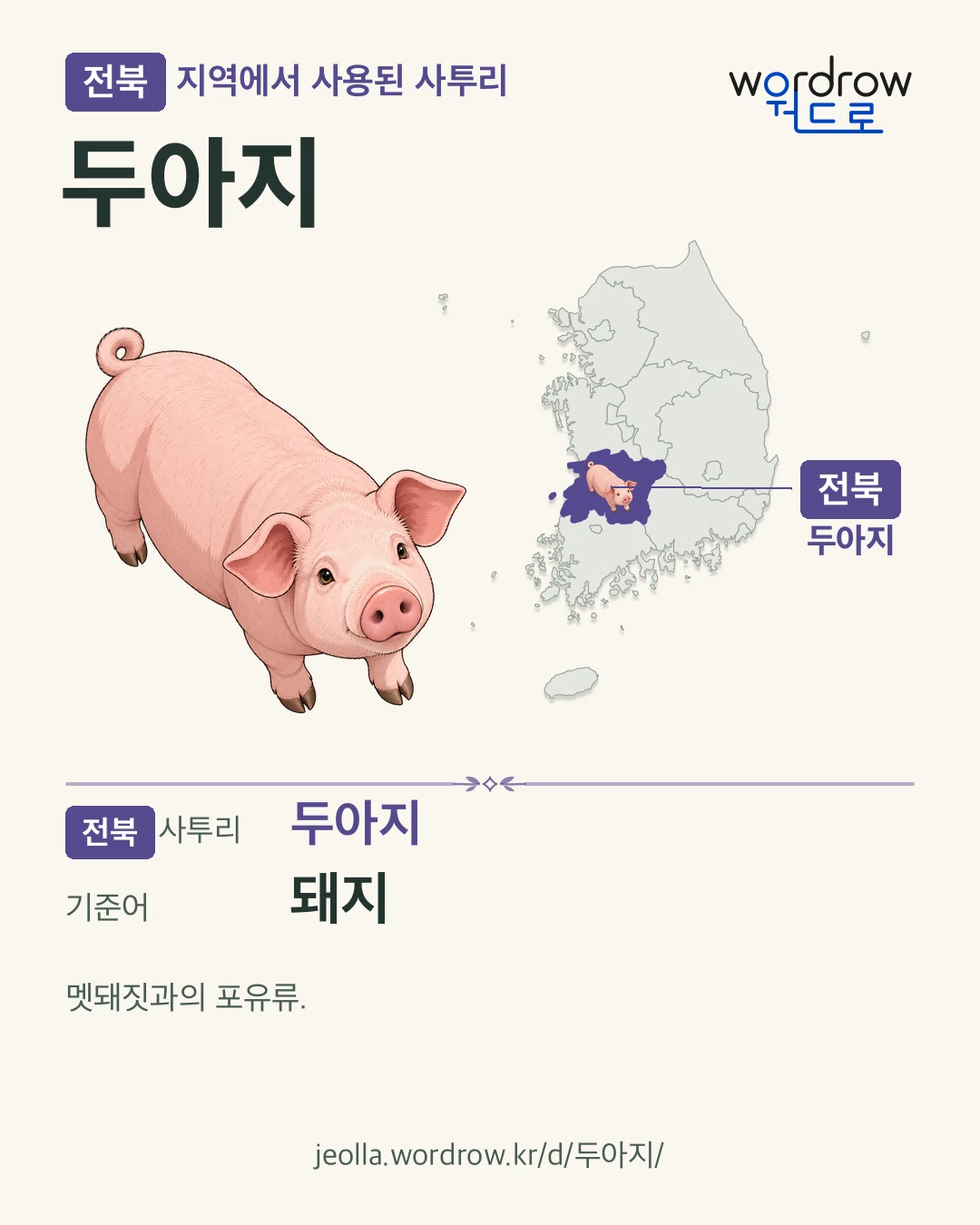 전북 지역에서 사용된 사투리 ‘두아지’. 기준어: 돼지. 기록 지역을 표시한 카툰 삽화와 지도 카드.