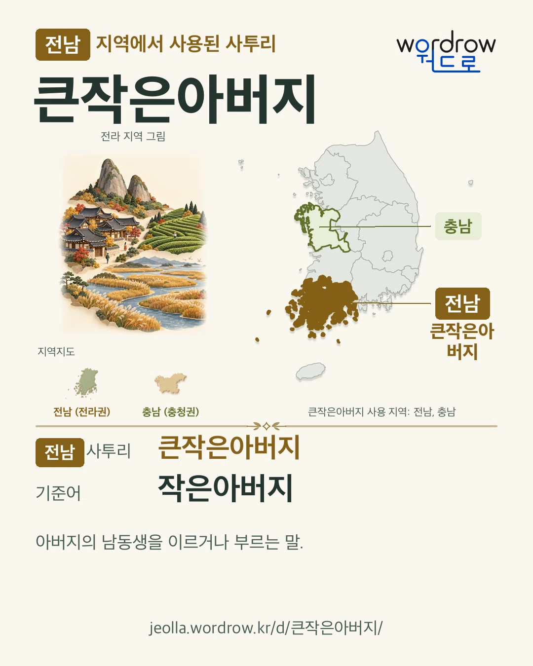 전남 지역에서 사용된 사투리 ‘큰작은아버지’. 기준어: 작은아버지. 기록 지역을 표시한 지역 그림과 지도 카드.