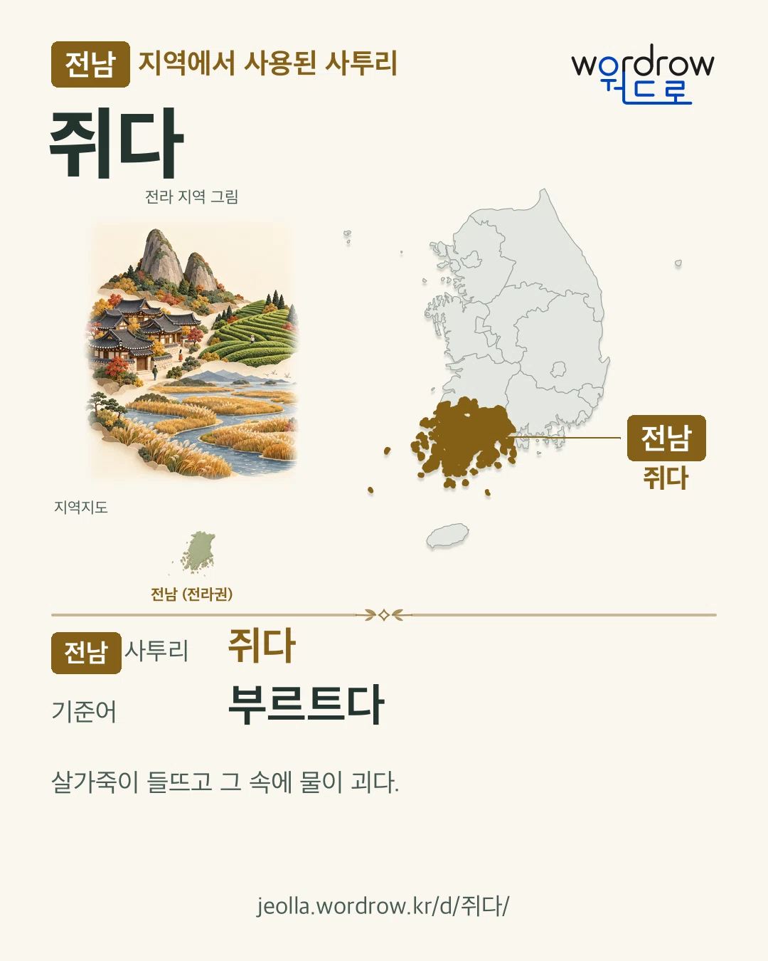 전남 지역에서 사용된 사투리 ‘쥐다’. 기준어: 부르트다. 기록 지역을 표시한 지역 그림과 지도 카드.