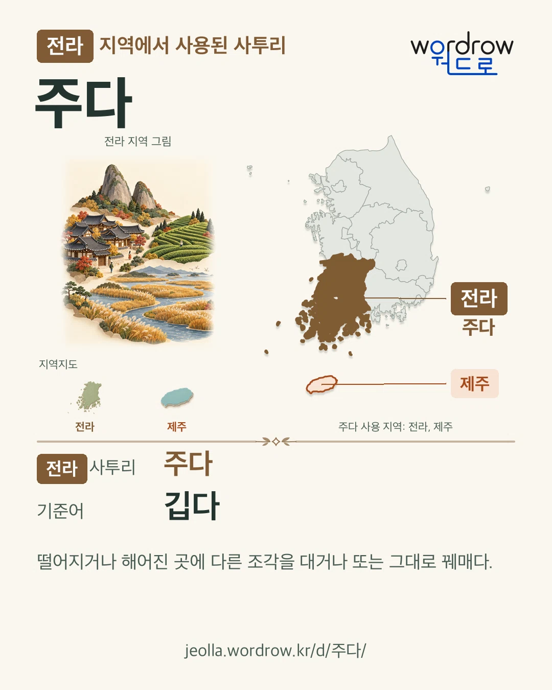 전라 지역에서 사용된 사투리 ‘주다’. 기준어: 깁다. 기록 지역을 표시한 지역 그림과 지도 카드.