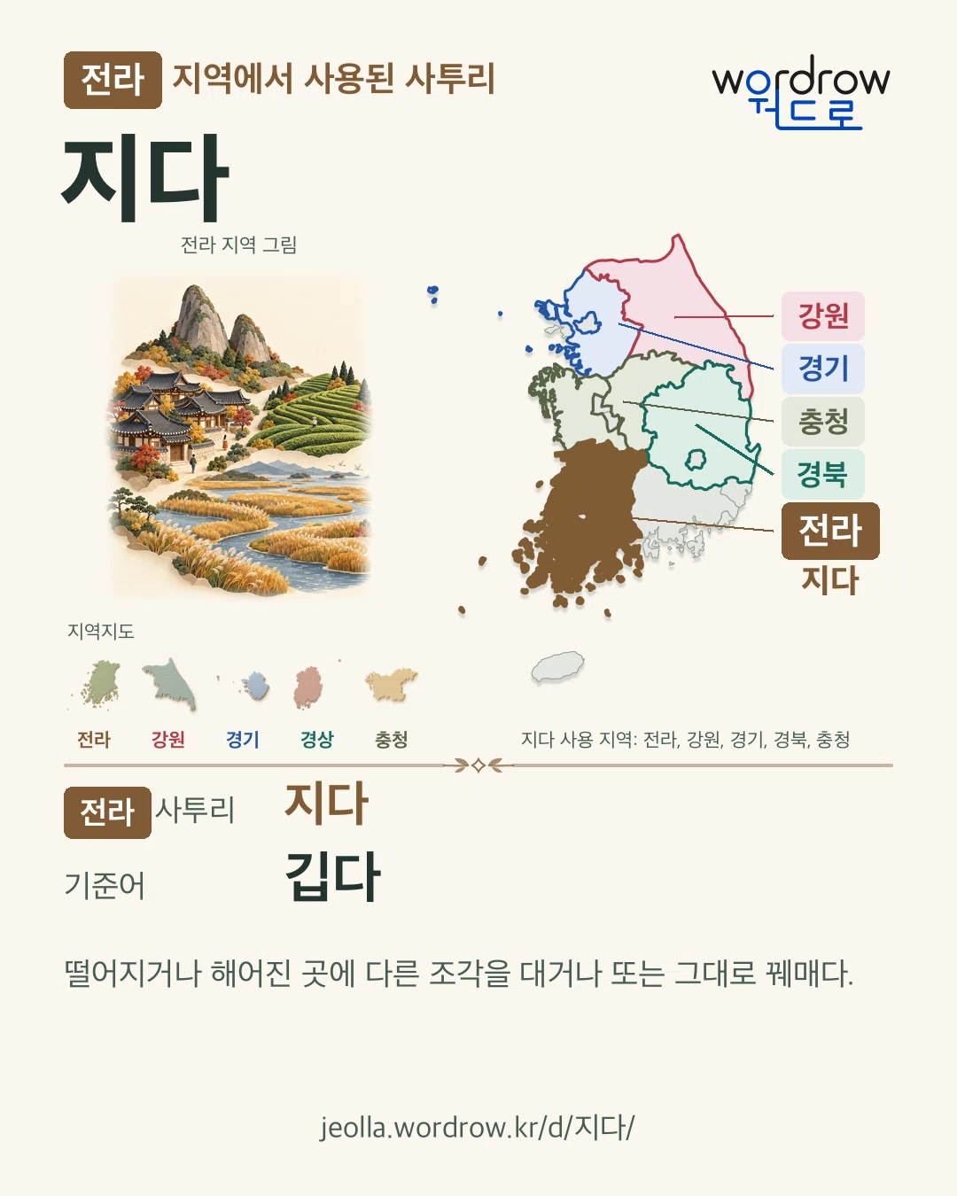 전라 지역에서 사용된 사투리 ‘지다’. 기준어: 깁다. 기록 지역을 표시한 지역 그림과 지도 카드.