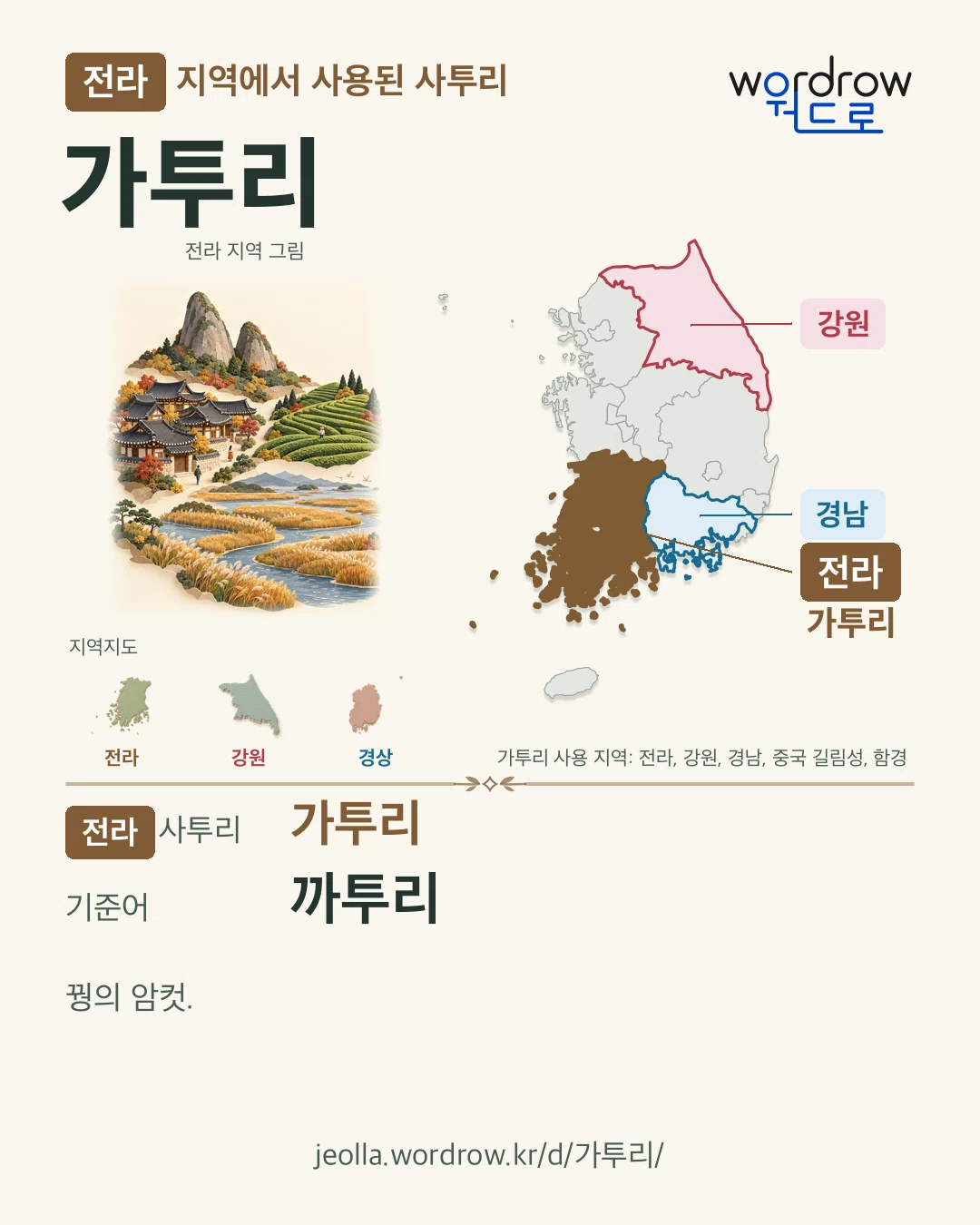 전라 지역에서 사용된 사투리 ‘가투리’. 기준어: 까투리. 기록 지역을 표시한 지역 그림과 지도 카드.