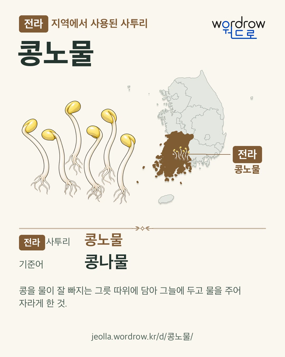 전라 지역에서 사용된 사투리 ‘콩노물’. 기준어: 콩나물. 기록 지역을 표시한 카툰 삽화와 지도 카드.
