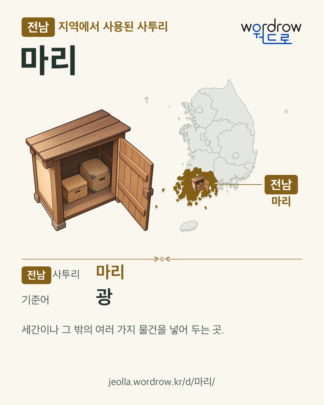전남 지역에서 사용된 사투리 ‘마리’. 기준어: 광. 기록 지역을 표시한 카툰 삽화와 지도 카드.
