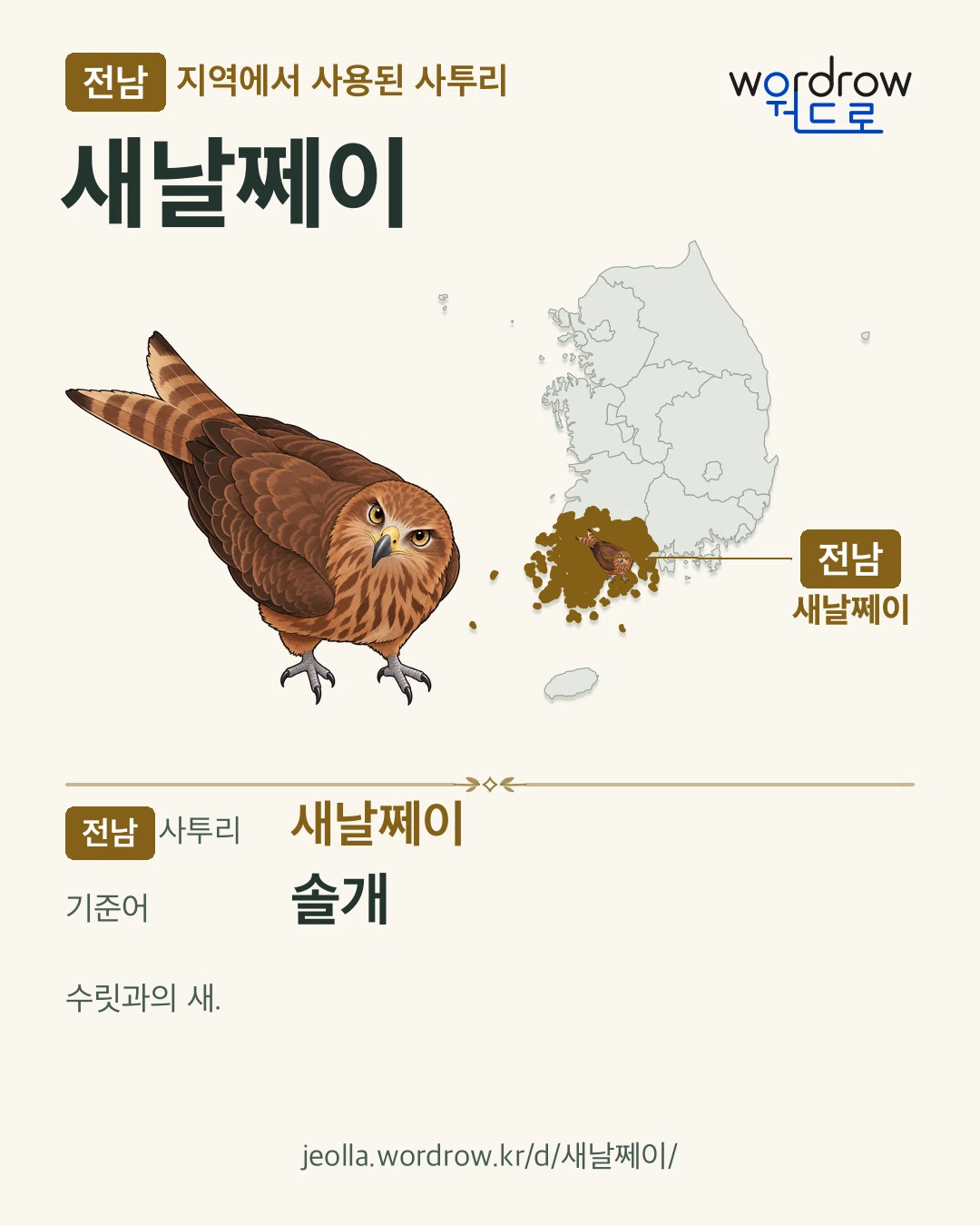 전남 지역에서 사용된 사투리 ‘새날쩨이’. 기준어: 솔개. 기록 지역을 표시한 카툰 삽화와 지도 카드.