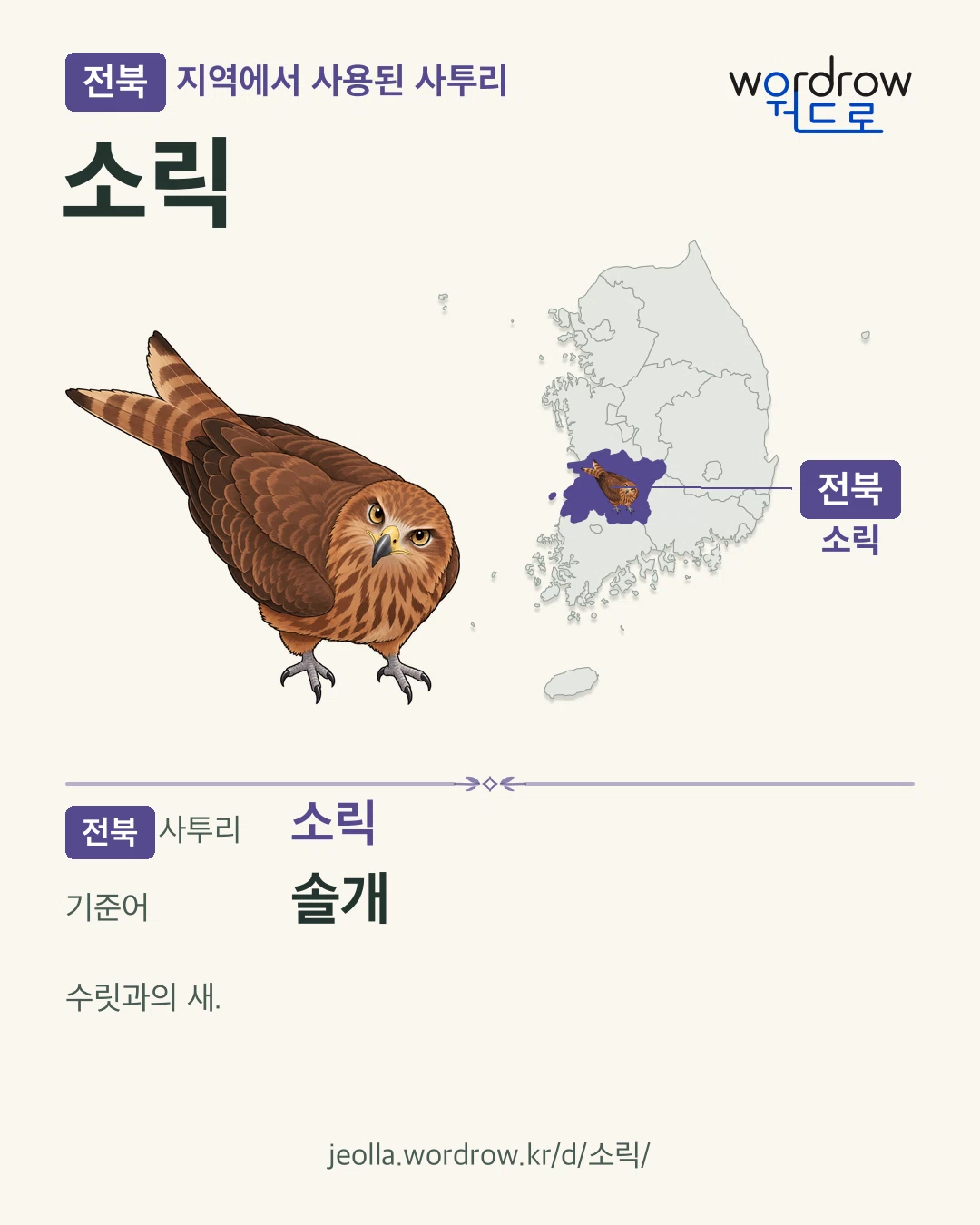 전북 지역에서 사용된 사투리 ‘소릭’. 기준어: 솔개. 기록 지역을 표시한 카툰 삽화와 지도 카드.