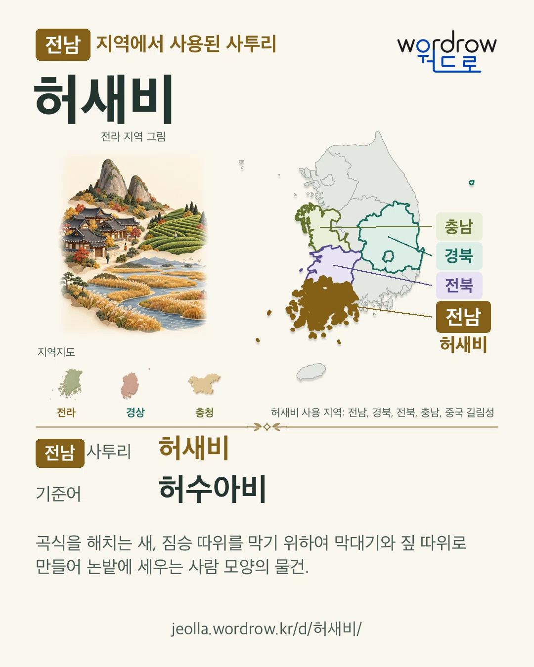 전남 지역에서 사용된 사투리 ‘허새비’. 기준어: 허수아비. 기록 지역을 표시한 지역 그림과 지도 카드.
