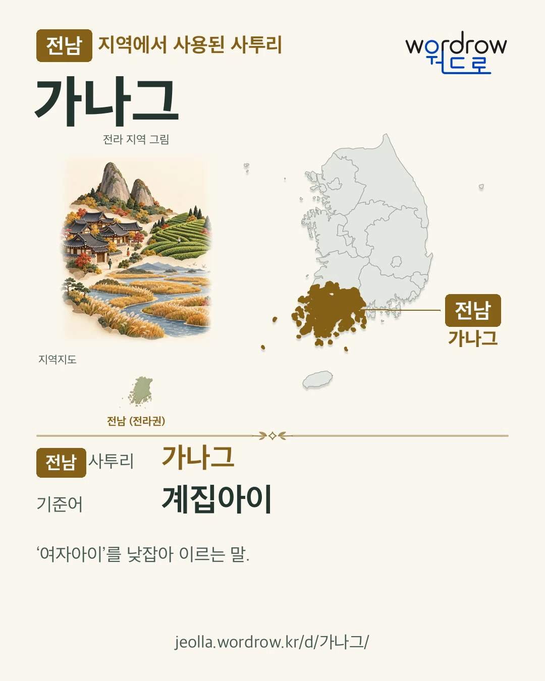전남 지역에서 사용된 사투리 ‘가나그’. 기준어: 계집아이. 기록 지역을 표시한 지역 그림과 지도 카드.
