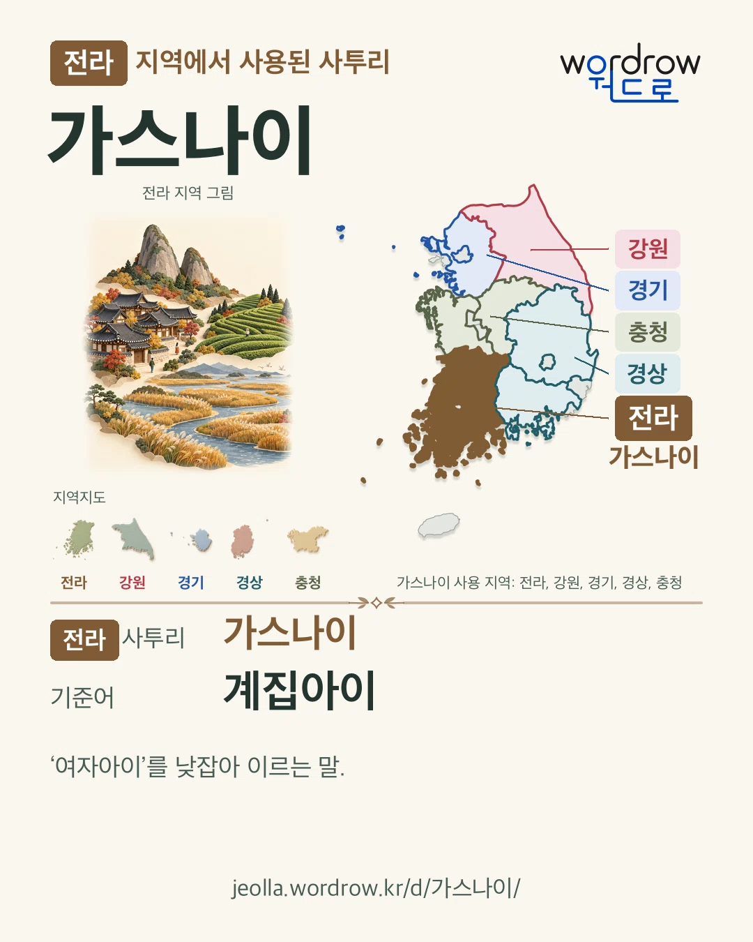 전라 지역에서 사용된 사투리 ‘가스나이’. 기준어: 계집아이. 기록 지역을 표시한 지역 그림과 지도 카드.