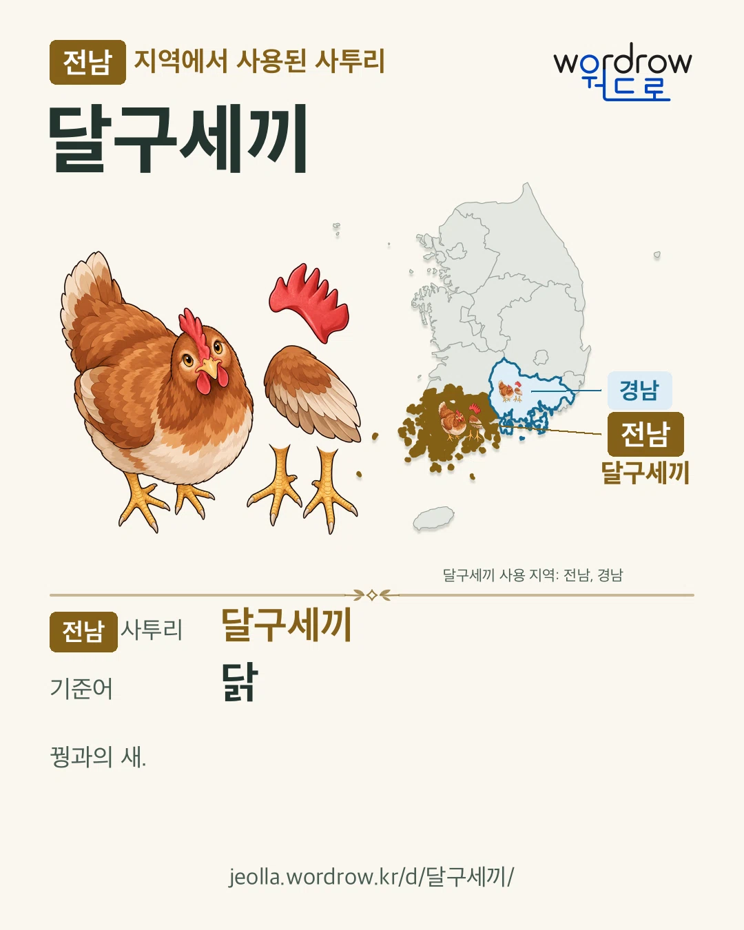 전남 지역에서 사용된 사투리 ‘달구세끼’. 기준어: 닭. 기록 지역을 표시한 카툰 삽화와 지도 카드.