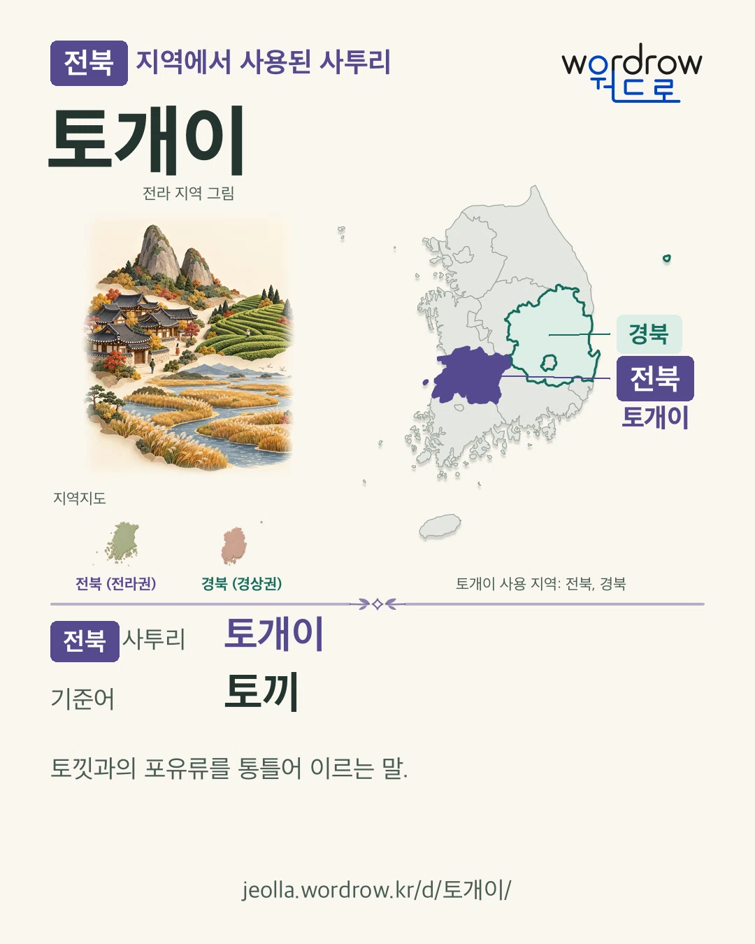 전북 지역에서 사용된 사투리 ‘토개이’. 기준어: 토끼. 기록 지역을 표시한 지역 그림과 지도 카드.