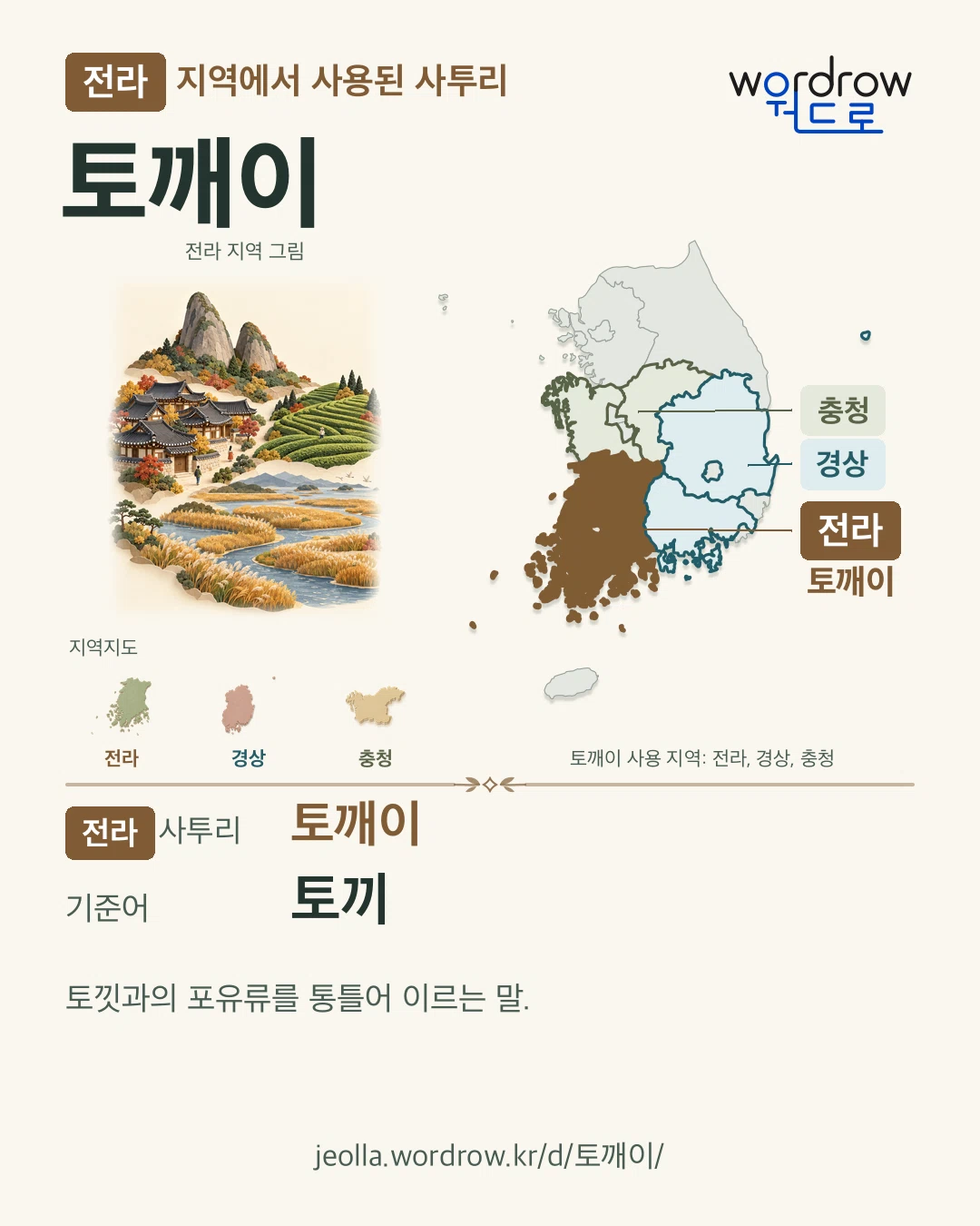 전라 지역에서 사용된 사투리 ‘토깨이’. 기준어: 토끼. 기록 지역을 표시한 지역 그림과 지도 카드.