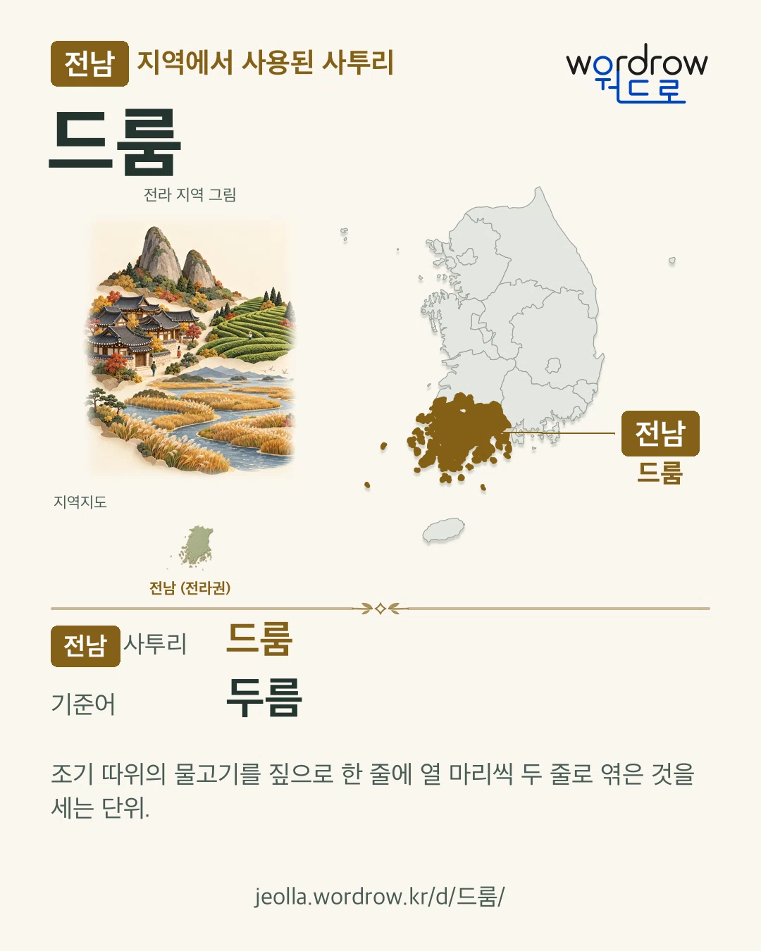 전남 지역에서 사용된 사투리 ‘드룸’. 기준어: 두름. 기록 지역을 표시한 지역 그림과 지도 카드.