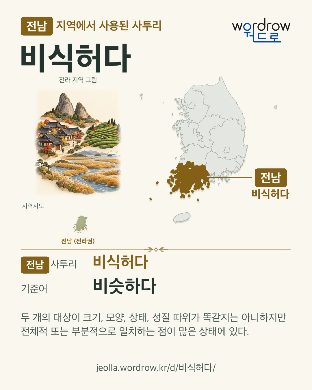 전남 지역에서 사용된 사투리 ‘비식허다’. 기준어: 비슷하다. 기록 지역을 표시한 지역 그림과 지도 카드.