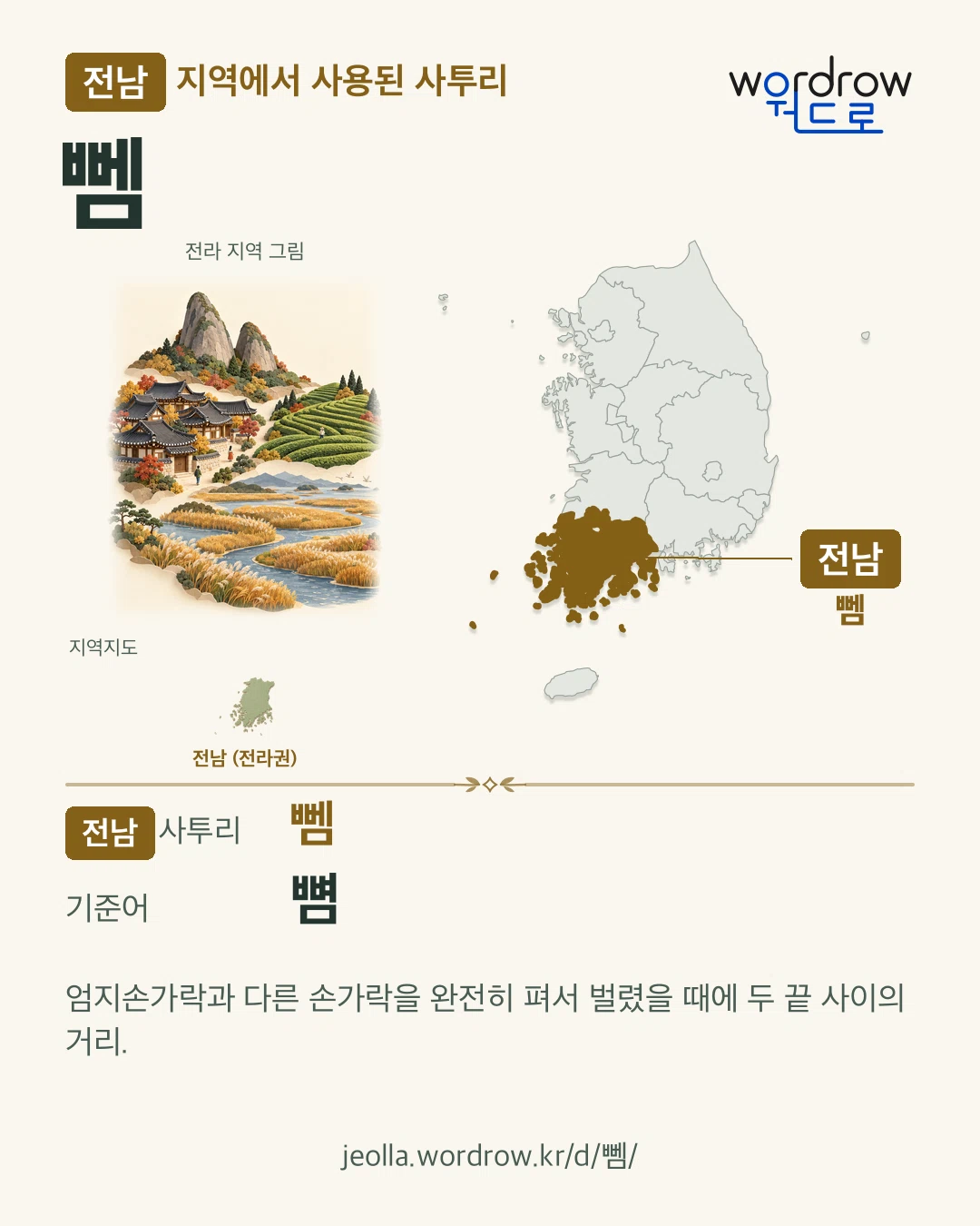 전남 지역에서 사용된 사투리 ‘뻼’. 기준어: 뼘. 기록 지역을 표시한 지역 그림과 지도 카드.