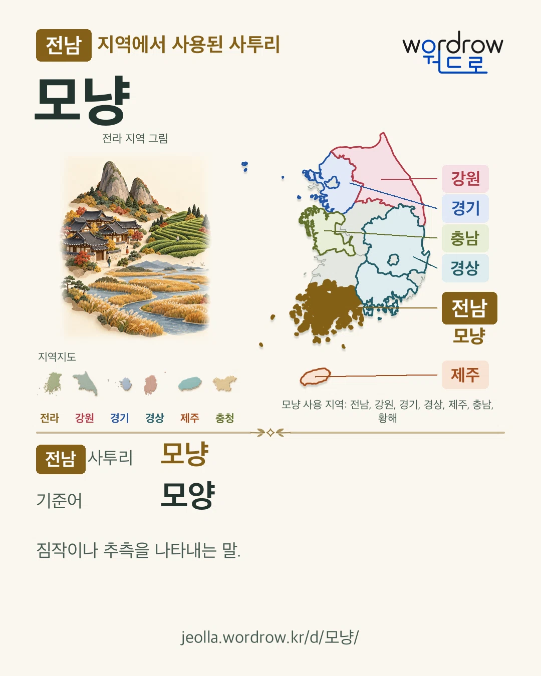 전남 지역에서 사용된 사투리 ‘모냥’. 기준어: 모양. 기록 지역을 표시한 지역 그림과 지도 카드.