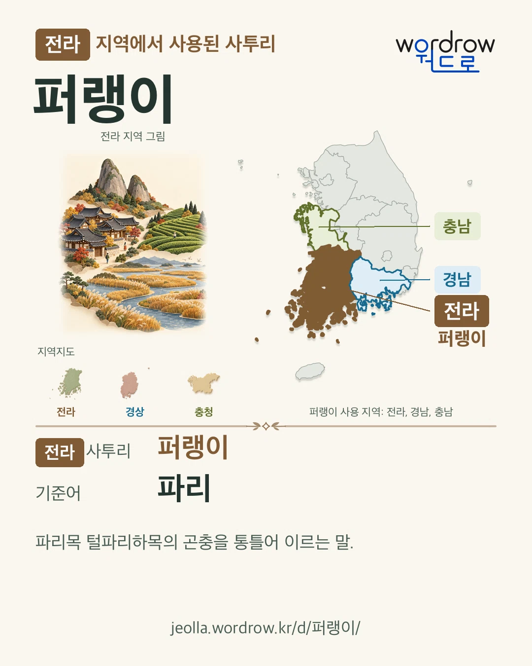 전라 지역에서 사용된 사투리 ‘퍼랭이’. 기준어: 파리. 기록 지역을 표시한 지역 그림과 지도 카드.