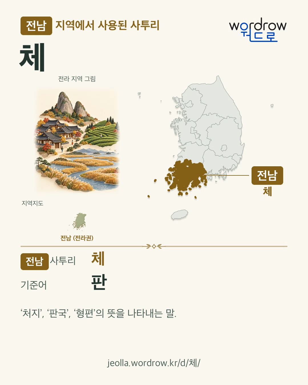 전남 지역에서 사용된 사투리 ‘체’. 기준어: 판. 기록 지역을 표시한 지역 그림과 지도 카드.