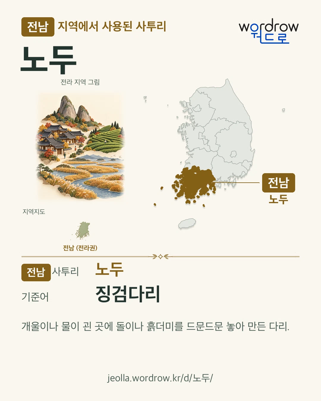 전남 지역에서 사용된 사투리 ‘노두’. 기준어: 징검다리. 기록 지역을 표시한 지역 그림과 지도 카드.