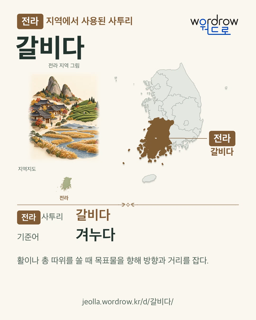 전라 지역에서 사용된 사투리 ‘갈비다’. 기준어: 겨누다. 기록 지역을 표시한 지역 그림과 지도 카드.