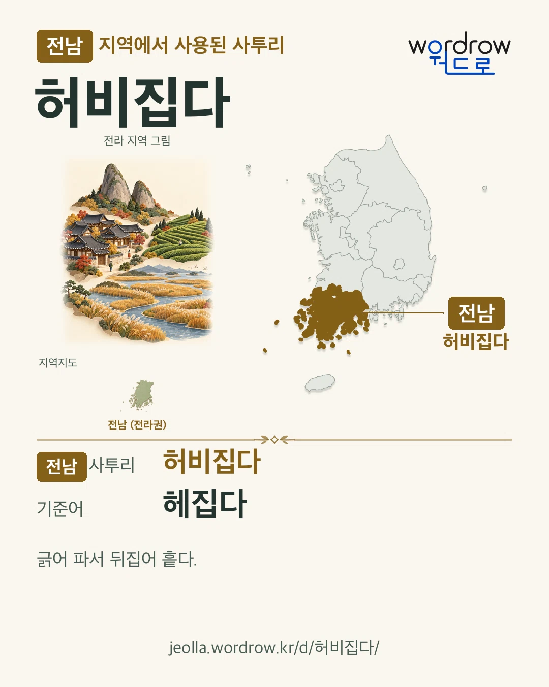전남 지역에서 사용된 사투리 ‘허비집다’. 기준어: 헤집다. 기록 지역을 표시한 지역 그림과 지도 카드.