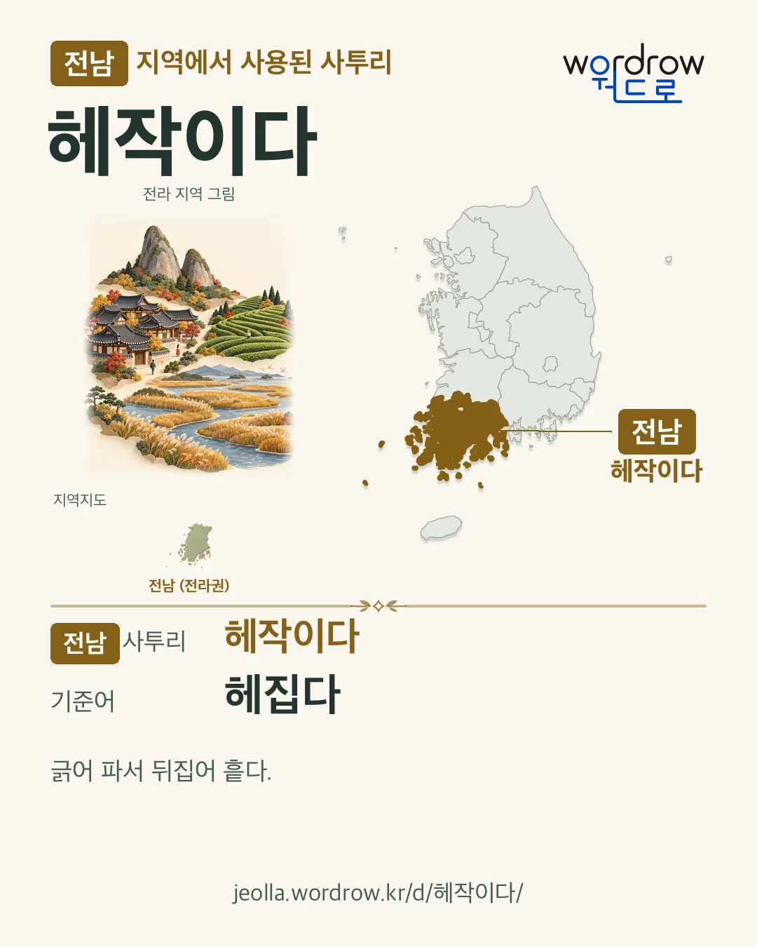 전남 지역에서 사용된 사투리 ‘헤작이다’. 기준어: 헤집다. 기록 지역을 표시한 지역 그림과 지도 카드.