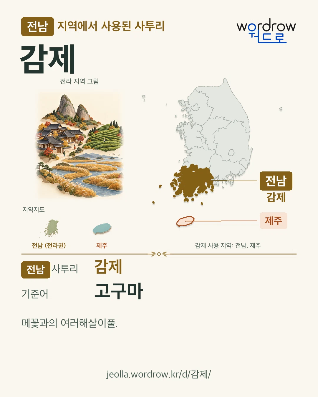 전남 지역에서 사용된 사투리 ‘감제’. 기준어: 고구마. 기록 지역을 표시한 지역 그림과 지도 카드.