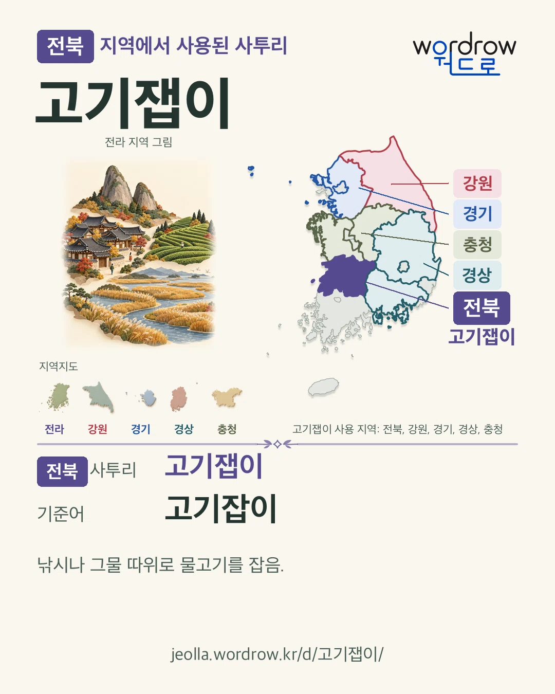 전북 지역에서 사용된 사투리 ‘고기잽이’. 기준어: 고기잡이. 기록 지역을 표시한 지역 그림과 지도 카드.