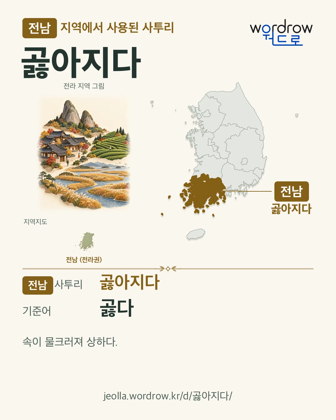 전남 지역에서 사용된 사투리 ‘곯아지다’. 기준어: 곯다. 기록 지역을 표시한 지역 그림과 지도 카드.