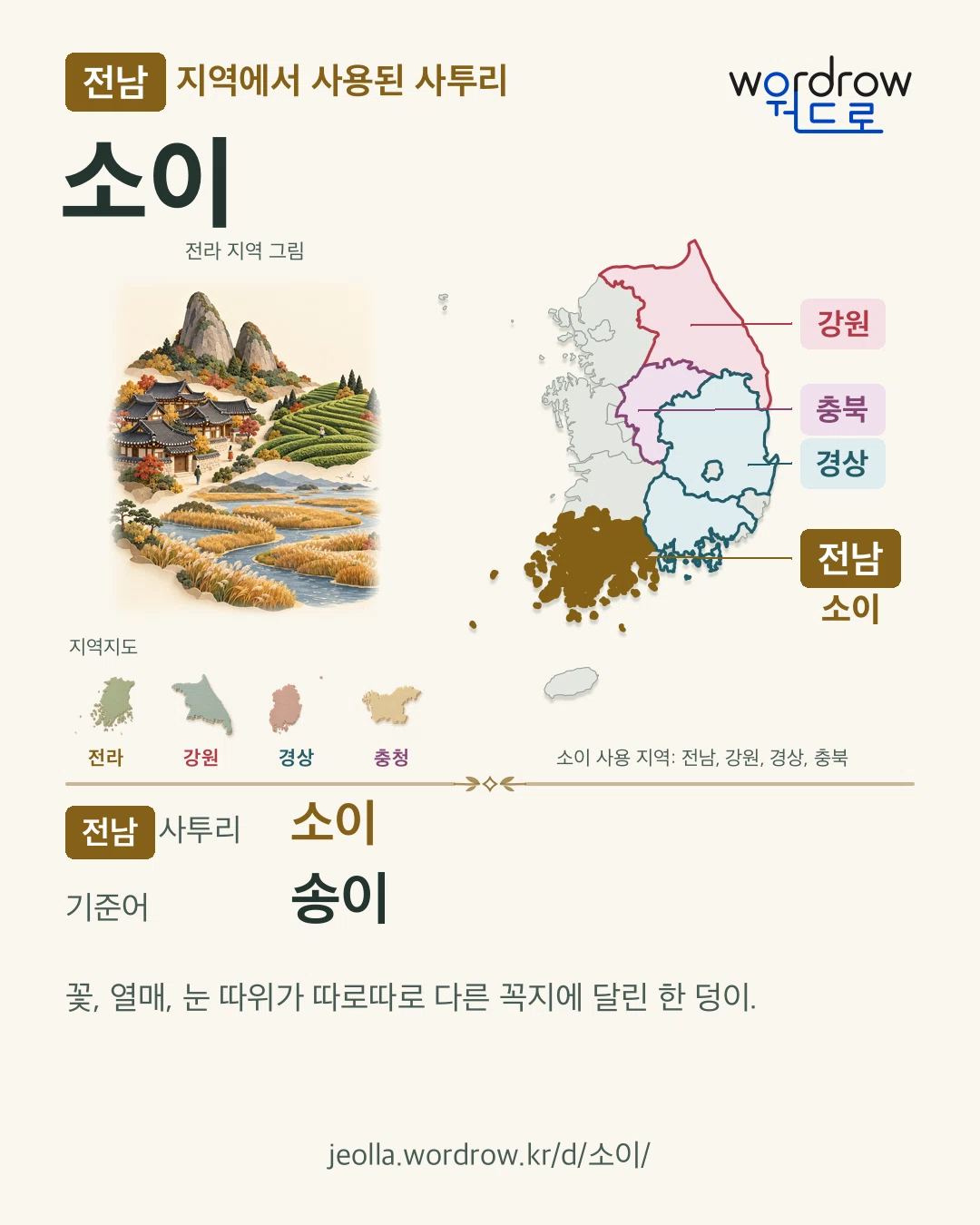 전남 지역에서 사용된 사투리 ‘소이’. 기준어: 송이. 기록 지역을 표시한 지역 그림과 지도 카드.